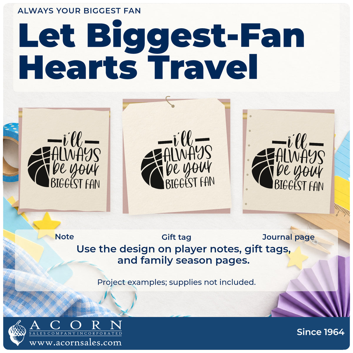 Three project examples made with the I'll Always Be Your Biggest Fan Basketball Motif Stamp – Premium Vintage Pro Wooden, including season index sheet.