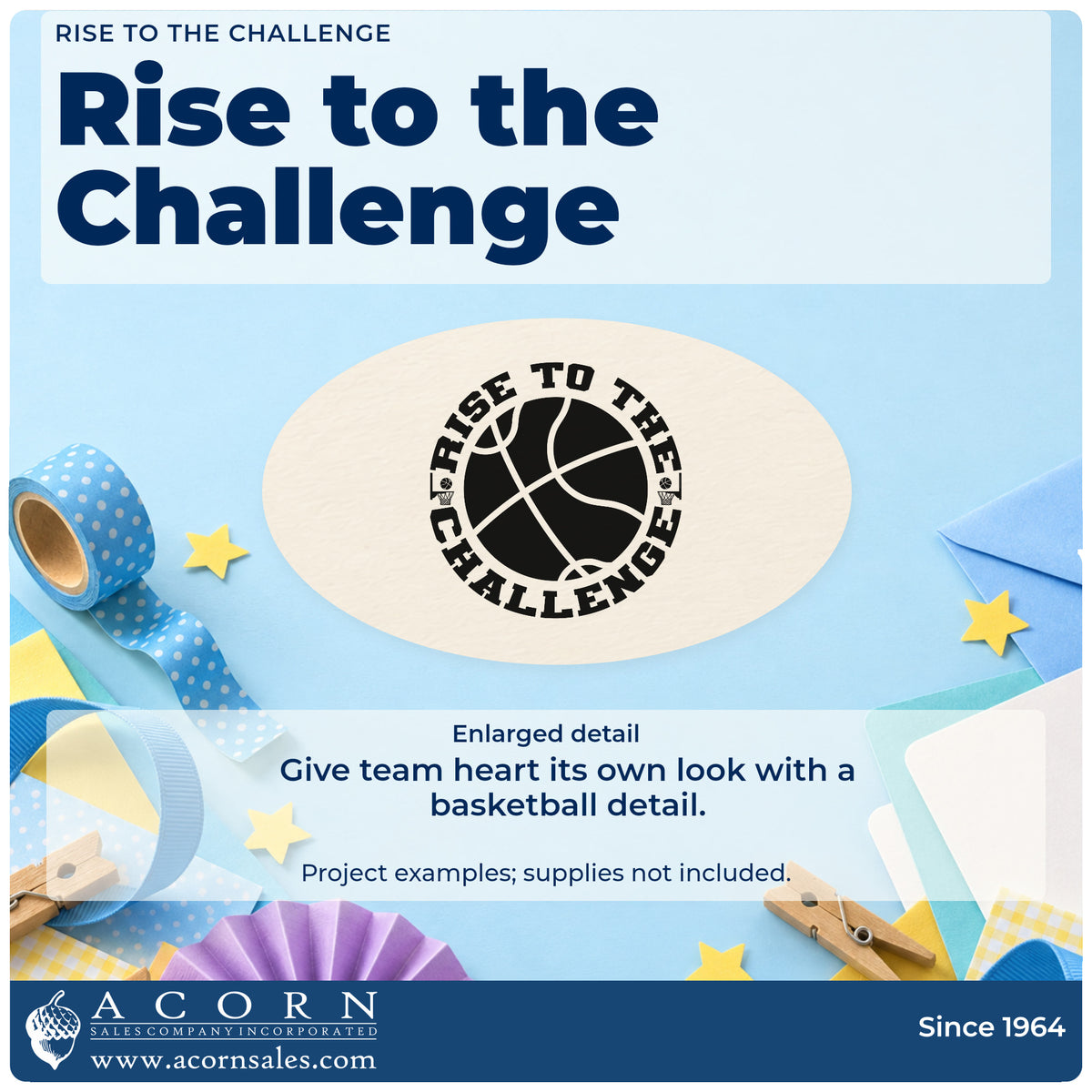 Enlarged detail of the Rise To The Challenge Premium Wood-Mounted Stamp – Vintage Pro imprint. RISE TO THE CHALLENGE curves around a large basketball.