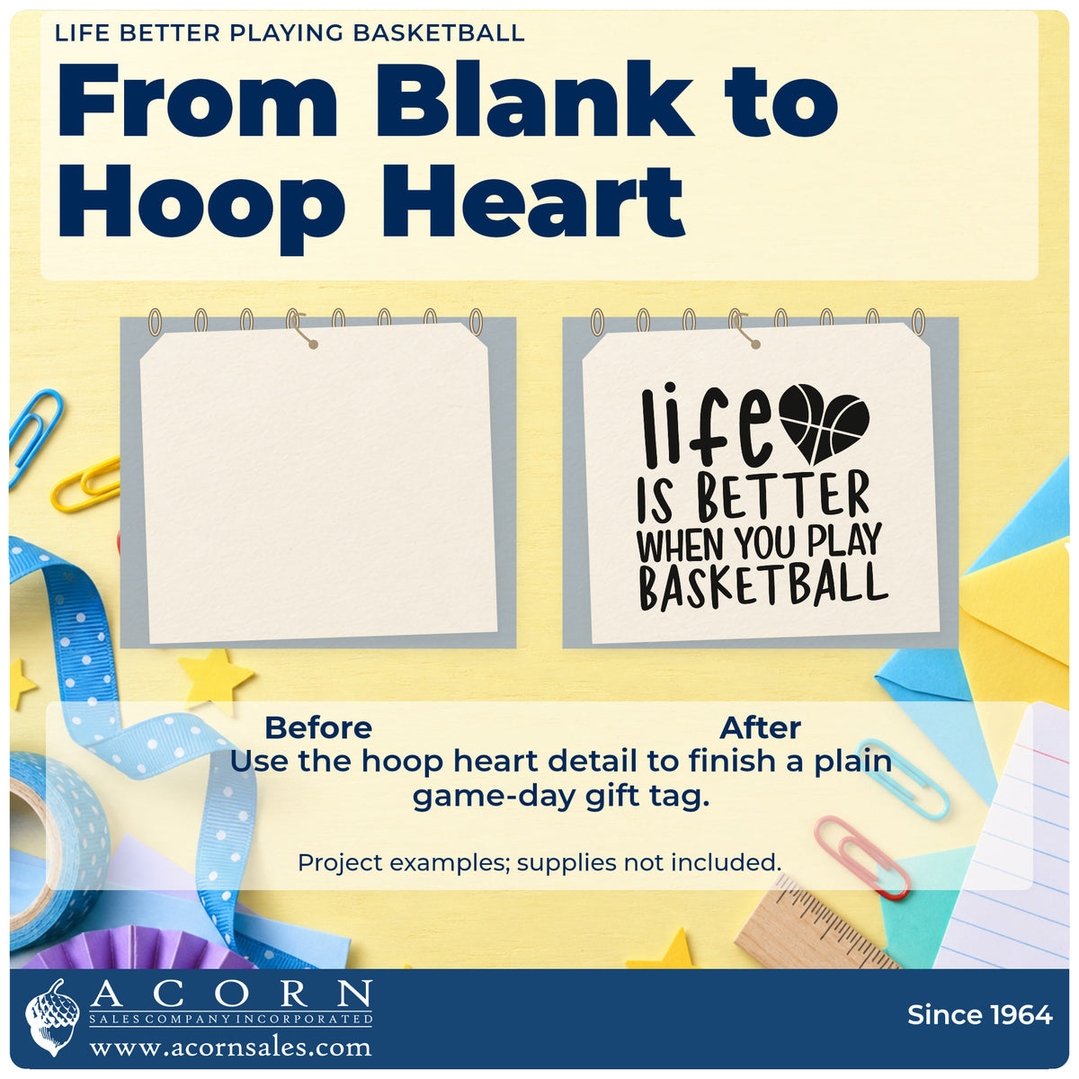Before and after of a plain item finished with the Life Better Playing Basketball With Hearts Stamp – Self-Inking, a quick upgrade for framed club lounge.
