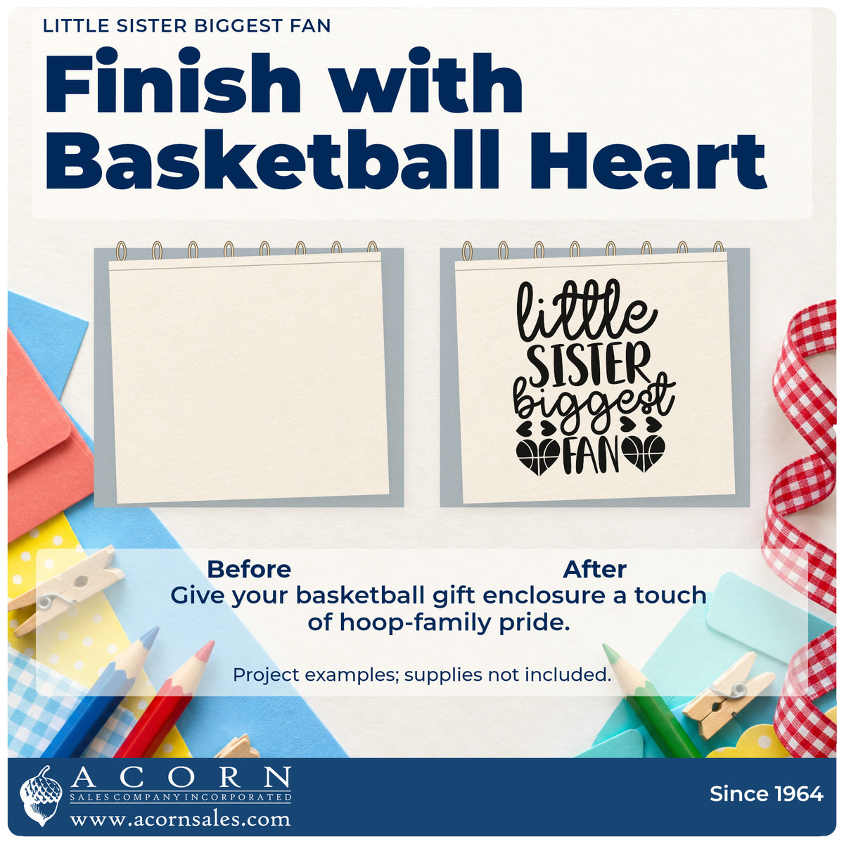 Before and after of a plain item finished with the Little Sister Biggest Fan Basketball Slim Pre-Inked Stamp, a quick upgrade for framed bedroom corner.
