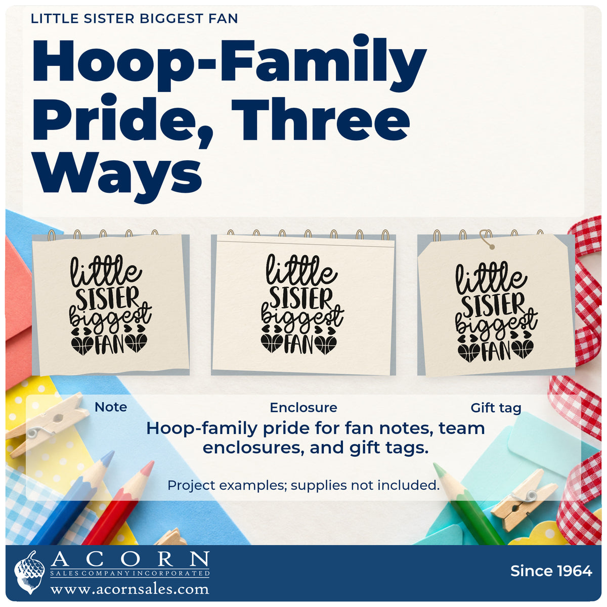 Three project examples made with the Little Sister Biggest Fan Basketball Slim Pre-Inked Stamp, including group ticket sheet.