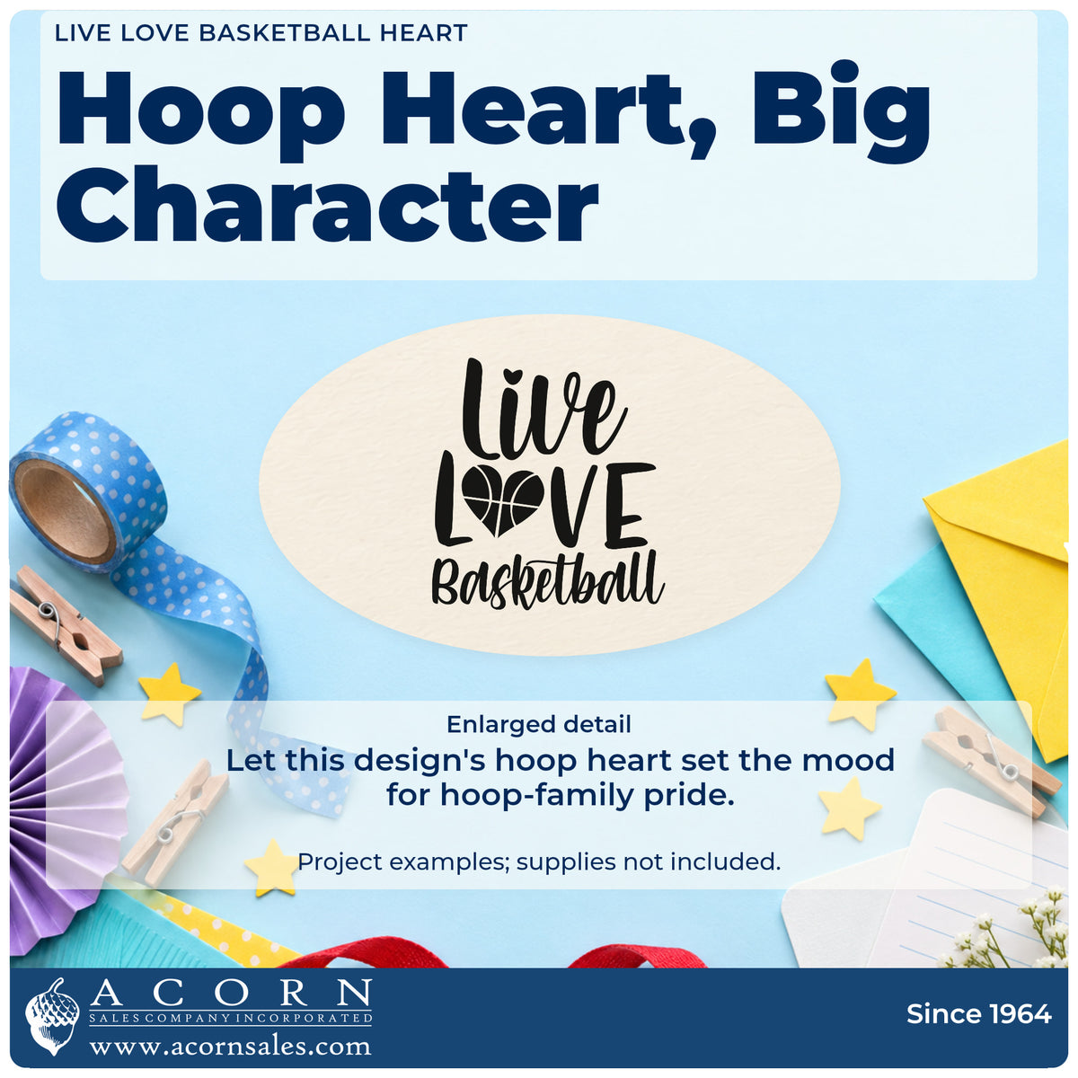 Enlarged detail of the Live Love Basketball Craft Stamp – Self-Inking imprint. Live LOVE Basketball uses a basketball-pattern heart in place of the O.