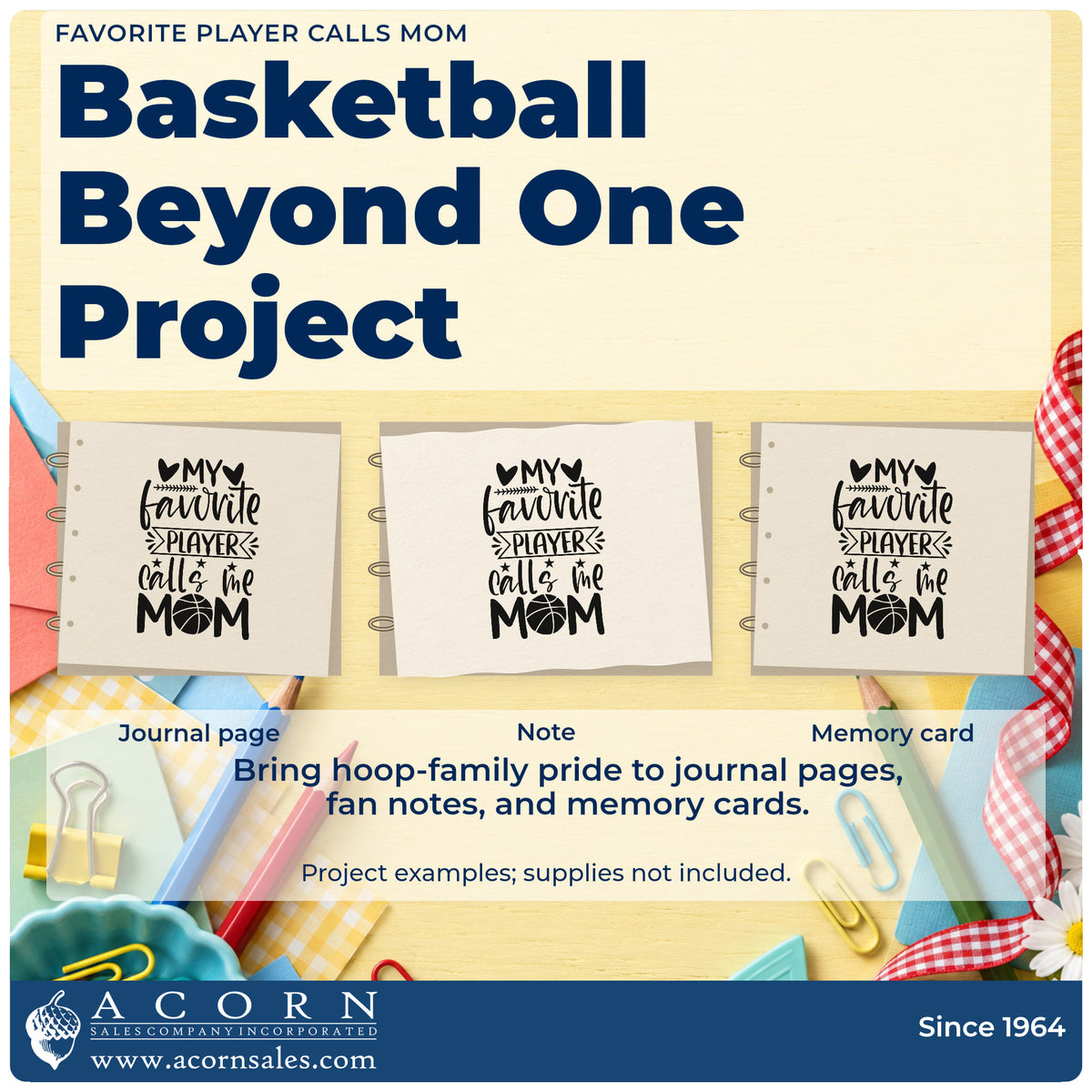 Three project examples made with the My Favorite Player Calls Me Mom Basketball Pre-Inked Stamp – Slim, including wall layout sheet.