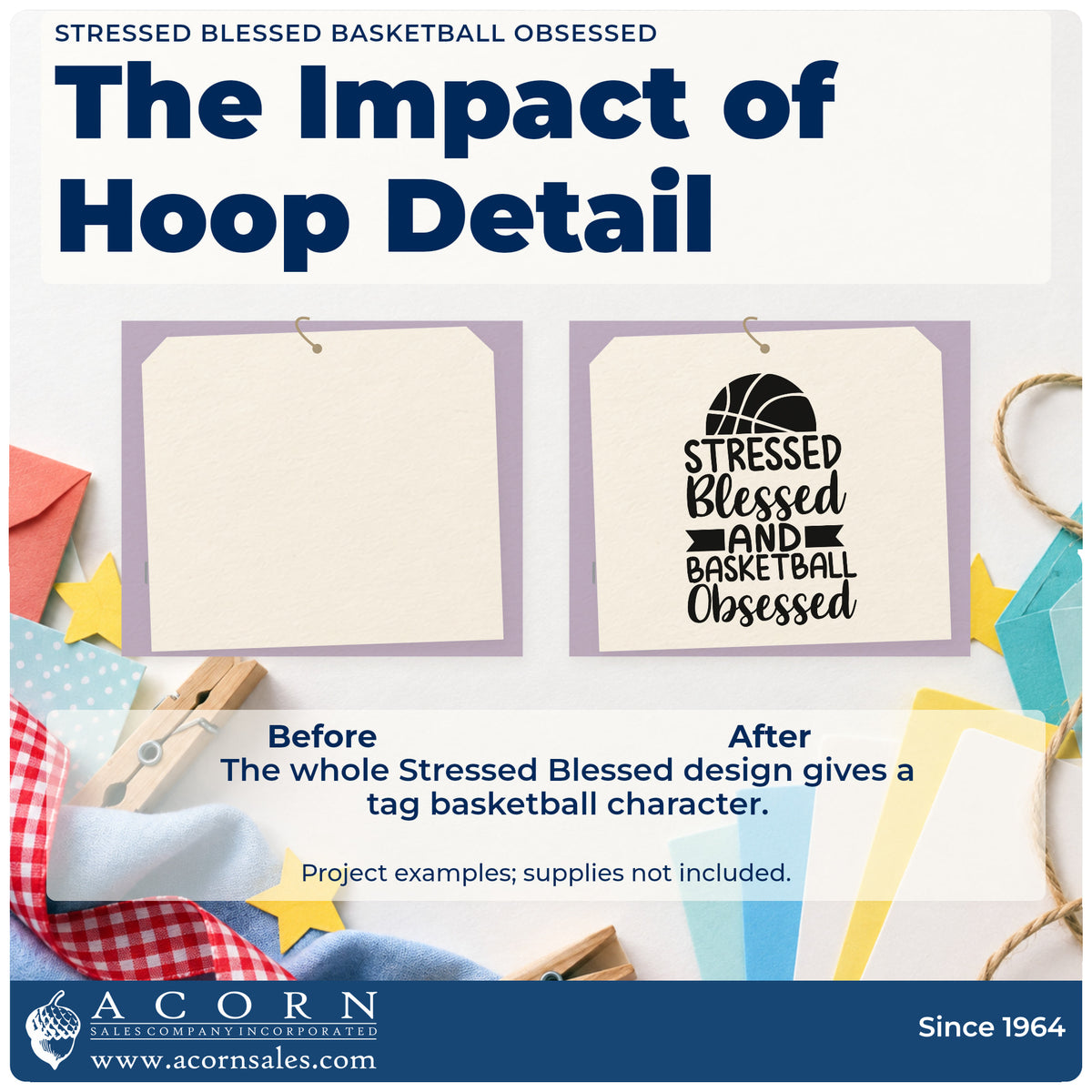 Before and after of a plain item finished with the Stressed Blessed And Basketball Obsessed Slim Pre-Inked Stamp, a quick upgrade for framed equipment room.