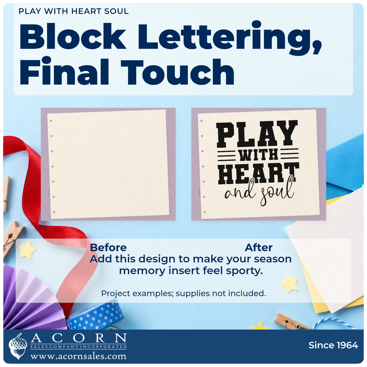 Before and after of a plain item finished with the Play With Heart Soul Rubber Stamp – Wood Handle, a quick upgrade for framed school hall.