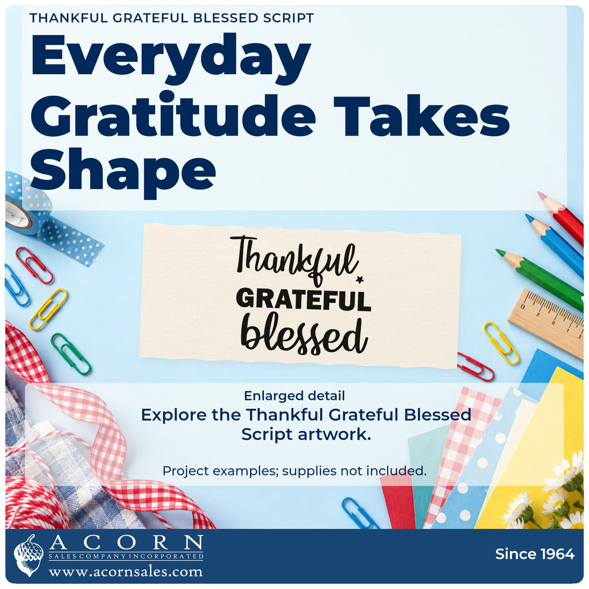 Enlarged detail of the Thankful Grateful Blessed Premium Wooden Stamp – Vintage Pro imprint. Thankful GRATEFUL blessed appears in mixed lettering with tiny stars.