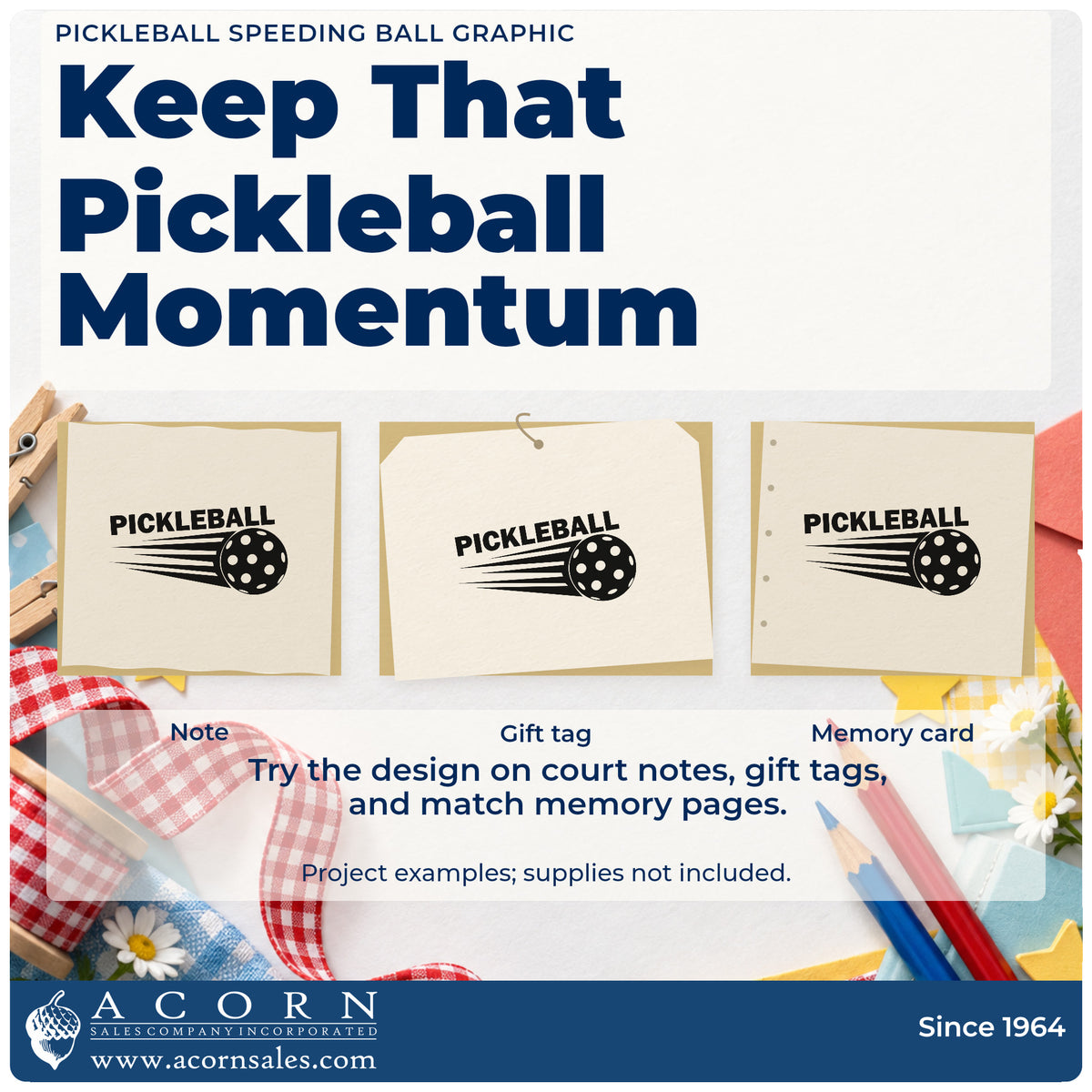 Three project examples made with the PSI Pre-Inked Pickleball Speeding Ball Stamp, including skill step sheet.