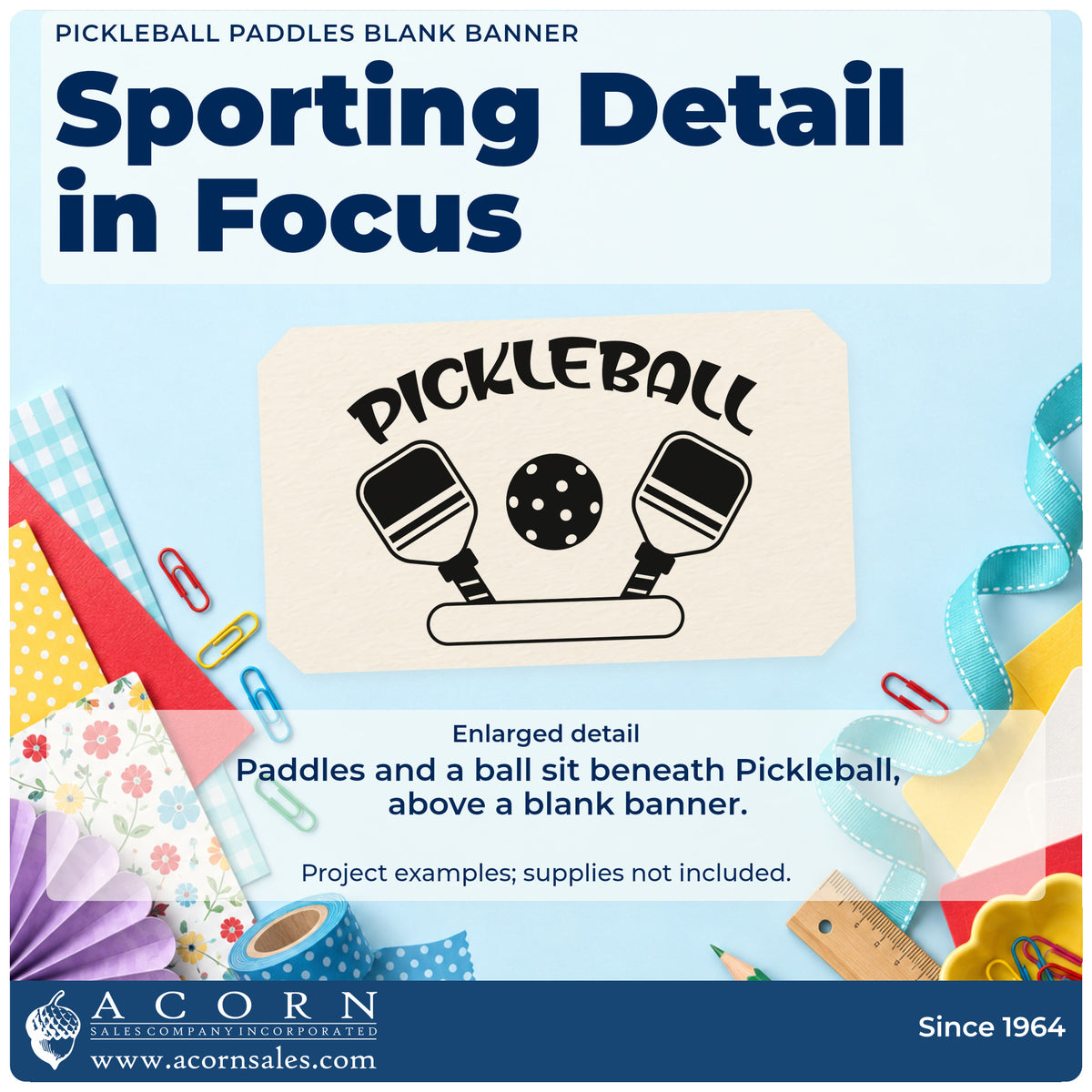 Enlarged detail of the Pickleball Paddles Blank Banner Self-Inking Stamp imprint. PICKLEBALL curves above two angled paddles and a ball with a blank rounded banner below.