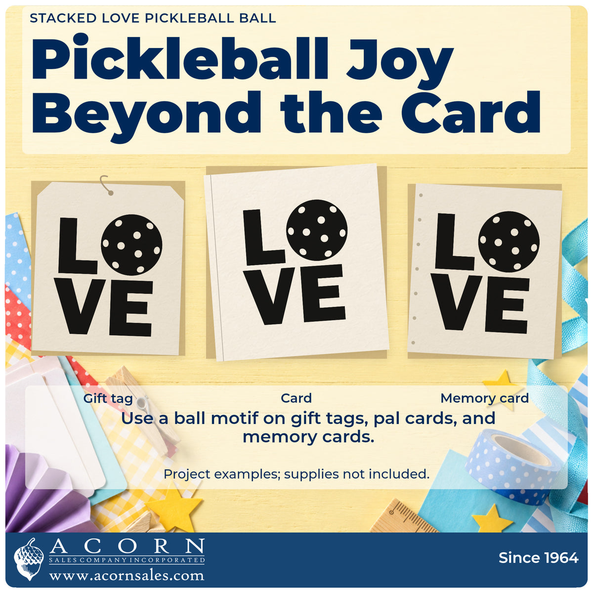 Three project examples made with the Stacked Love Pickleball Ball Block Lettering Stamp – Self-Inking, including round robin sheet.