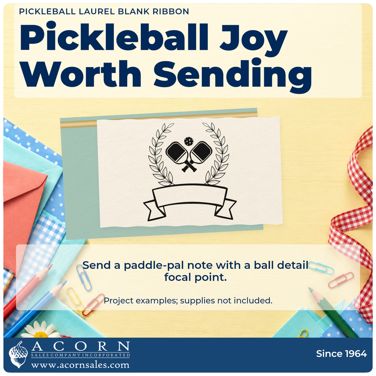 A finished handmade project stamped with the Pickleball Laurel Blank Ribbon Slim Pre-Inked Stamp, ideal for championship album page.