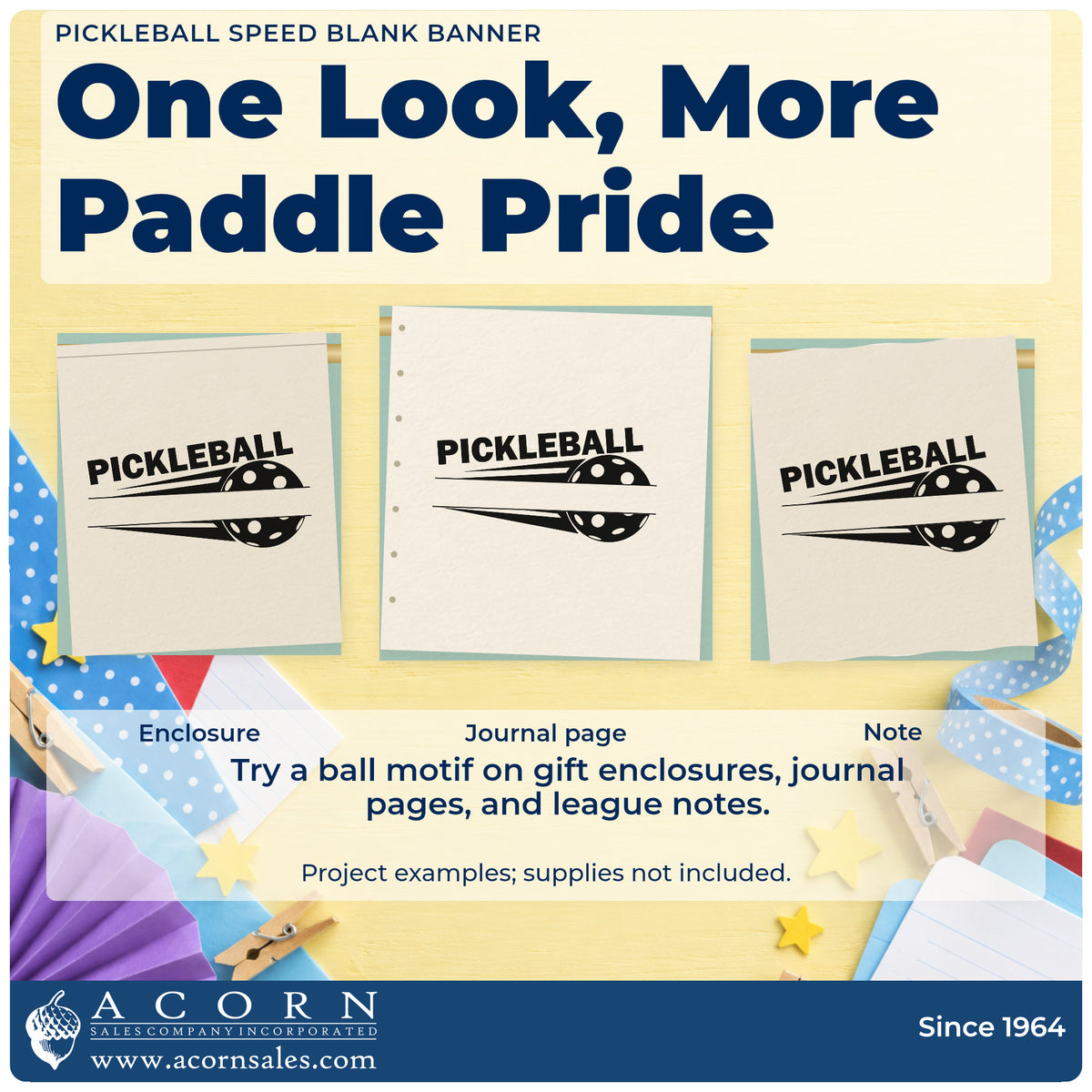 Three project examples made with the Pickleball Speed Blank Banner Hand Stamp – Duo, including pledge track sheet.