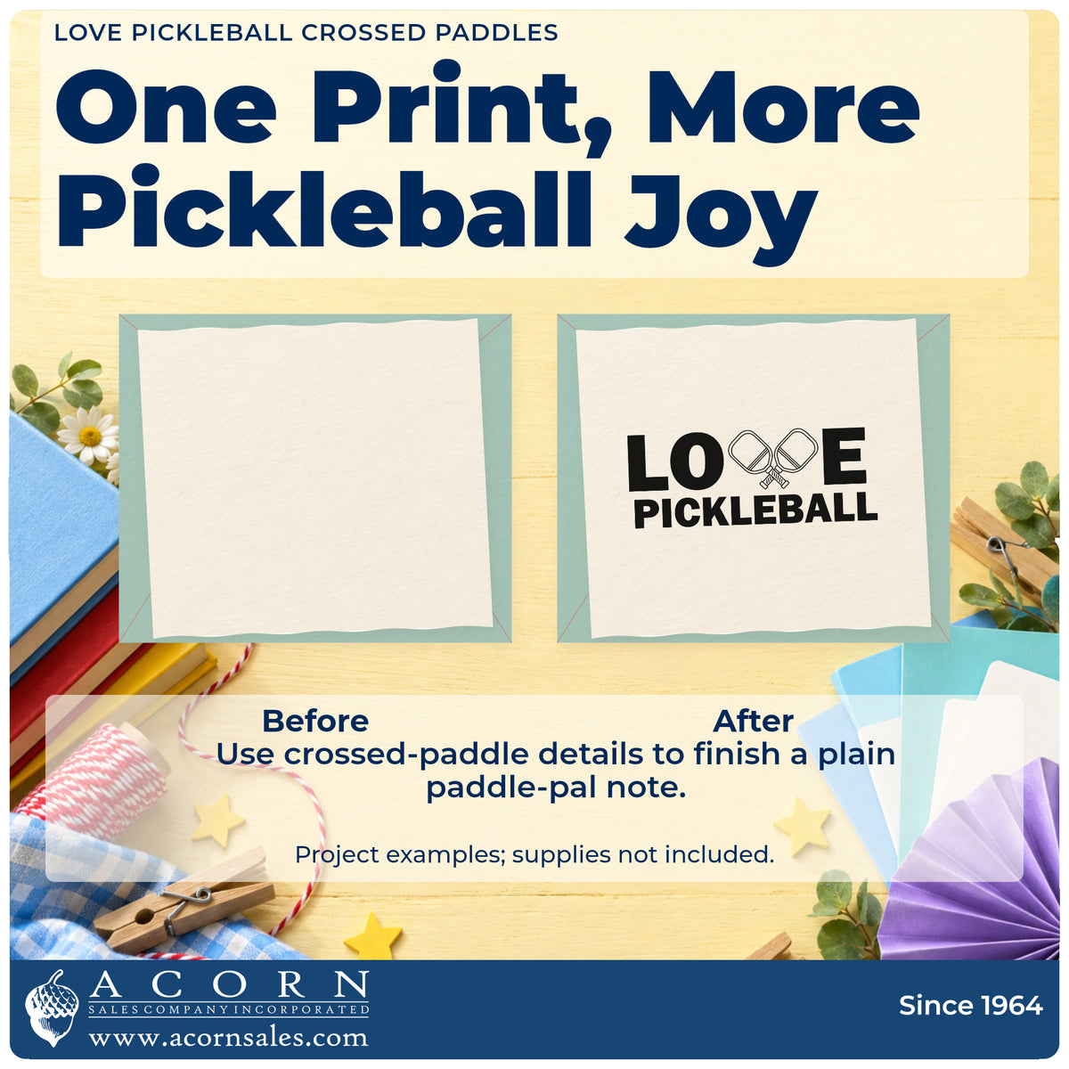 Before and after of a plain item finished with the Love Pickleball Crossed Paddles Slim Pre-Inked Stamp, a quick upgrade for framed shop wall.