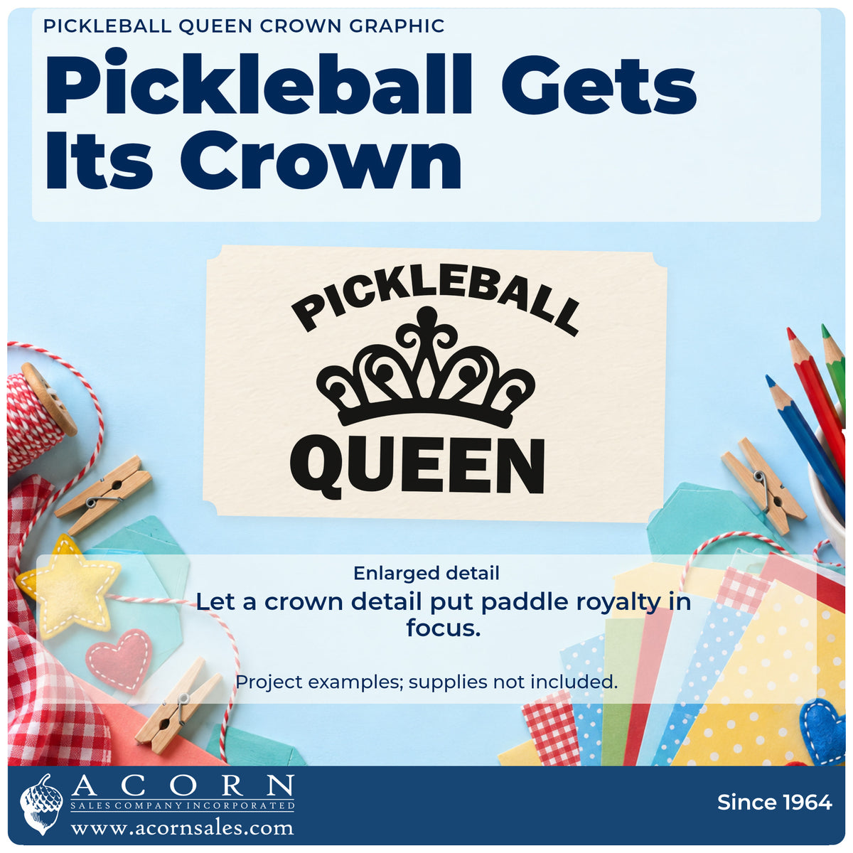 Enlarged detail of the Pickleball Queen Crown Craft Stamp – Self-Inking imprint. PICKLEBALL QUEEN appears around an ornate crown.