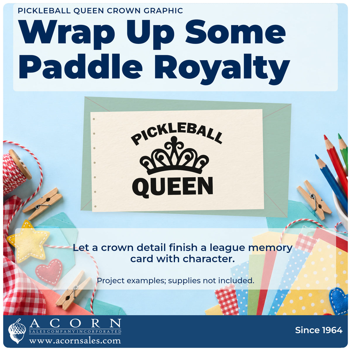 A finished handmade project stamped with the Pickleball Queen Crown Rubber Stamp – Wood Handle, ideal for women league album page.