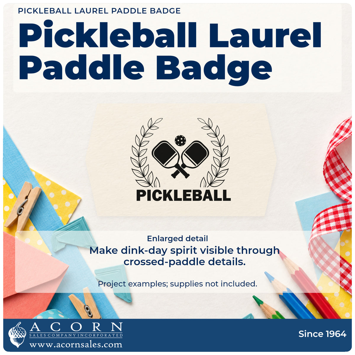 Enlarged detail of the Pickleball Laurel Paddle Emblem Rubber Stamp – Wood Handle imprint. Crossed paddles and a ball sit within leafy laurels above PICKLEBALL.