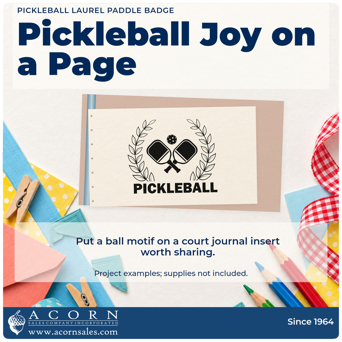A finished handmade project stamped with the Pickleball Laurel Paddle Emblem Slim Pre-Inked Stamp, ideal for games album page.
