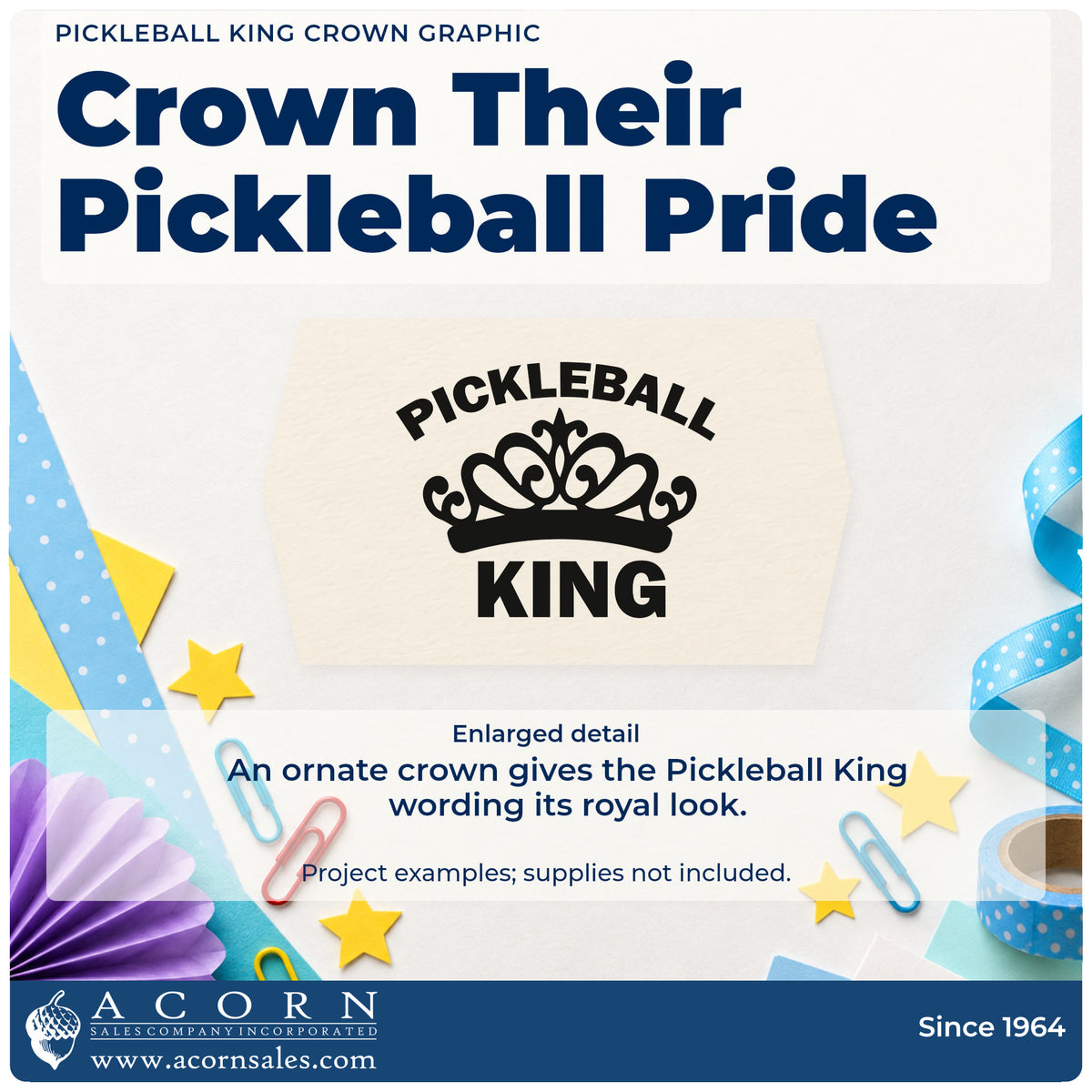 Enlarged detail of the Pickleball King Crown Pre-Inked Stamp – Slim imprint. PICKLEBALL KING appears around an ornate crown.