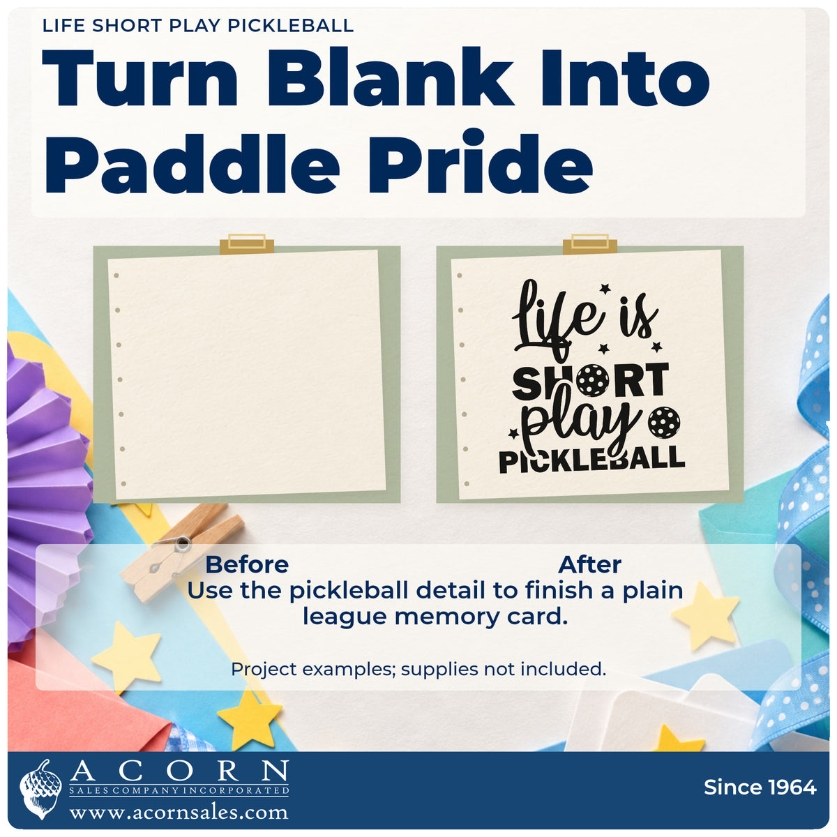 Before and after of a plain item finished with the Life Is Short Play Pickleball Slim Pre-Inked Stamp, a quick upgrade for framed community room.