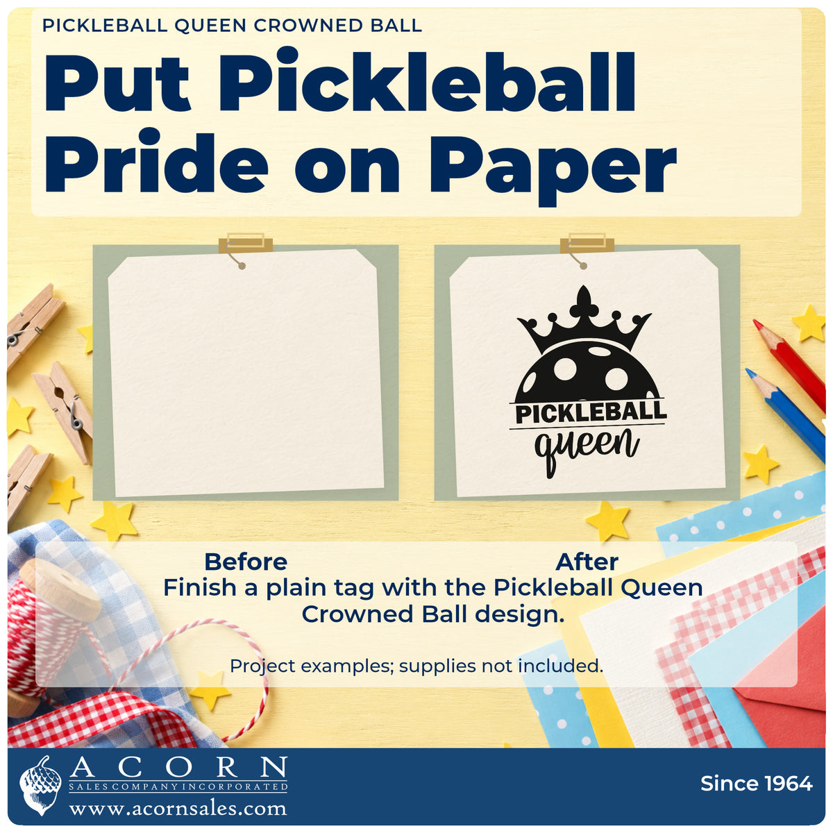 Before and after of a plain item finished with the Pickleball Queen Crowned Ball Crown Hand Stamp – Duo, a quick upgrade for framed home hall.