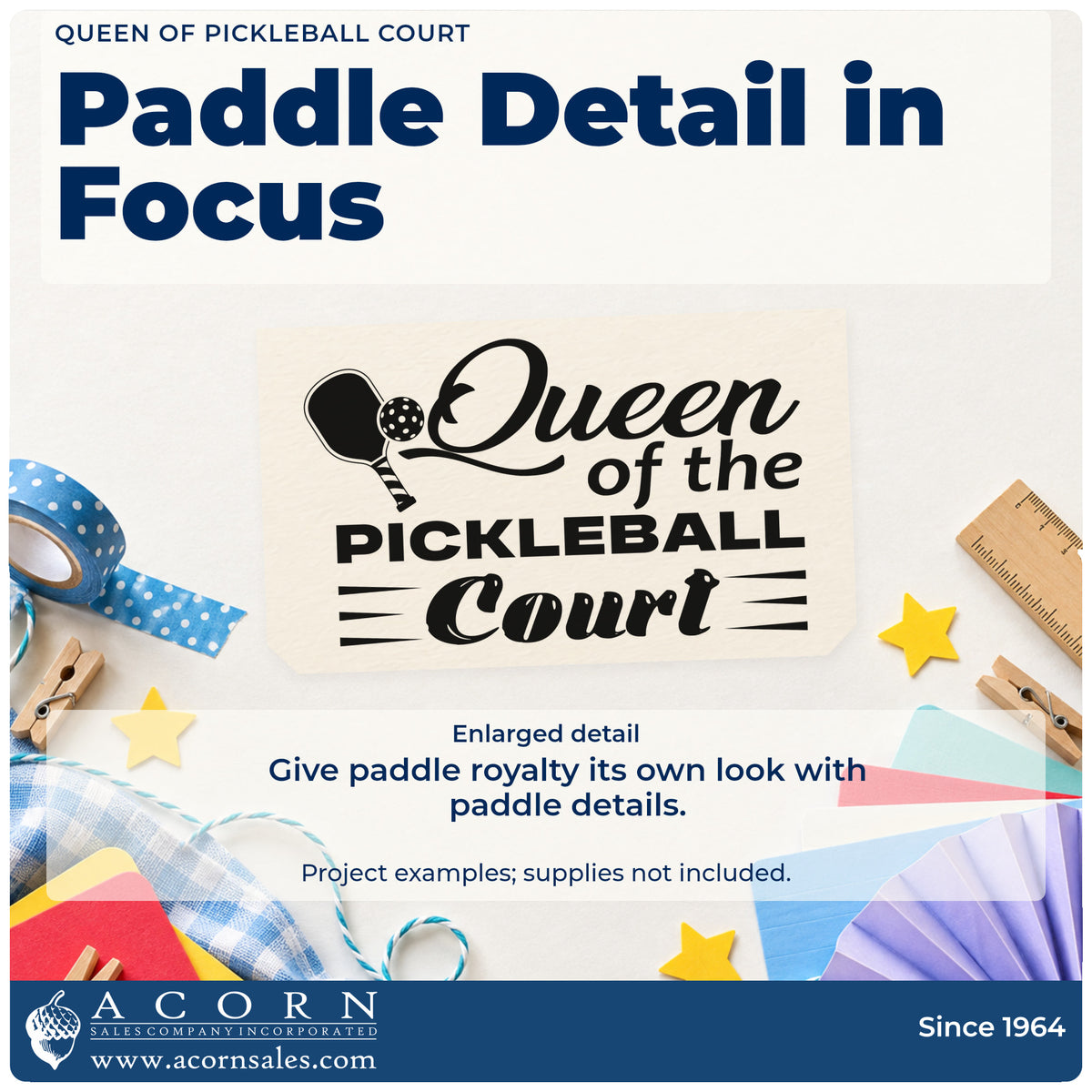 Enlarged detail of the Queen Of Pickleball Court Premium Wood-Mounted Stamp – Vintage Pro imprint. Queen of the PICKLEBALL Court appears beside a paddle and small ball with horizontal accents.