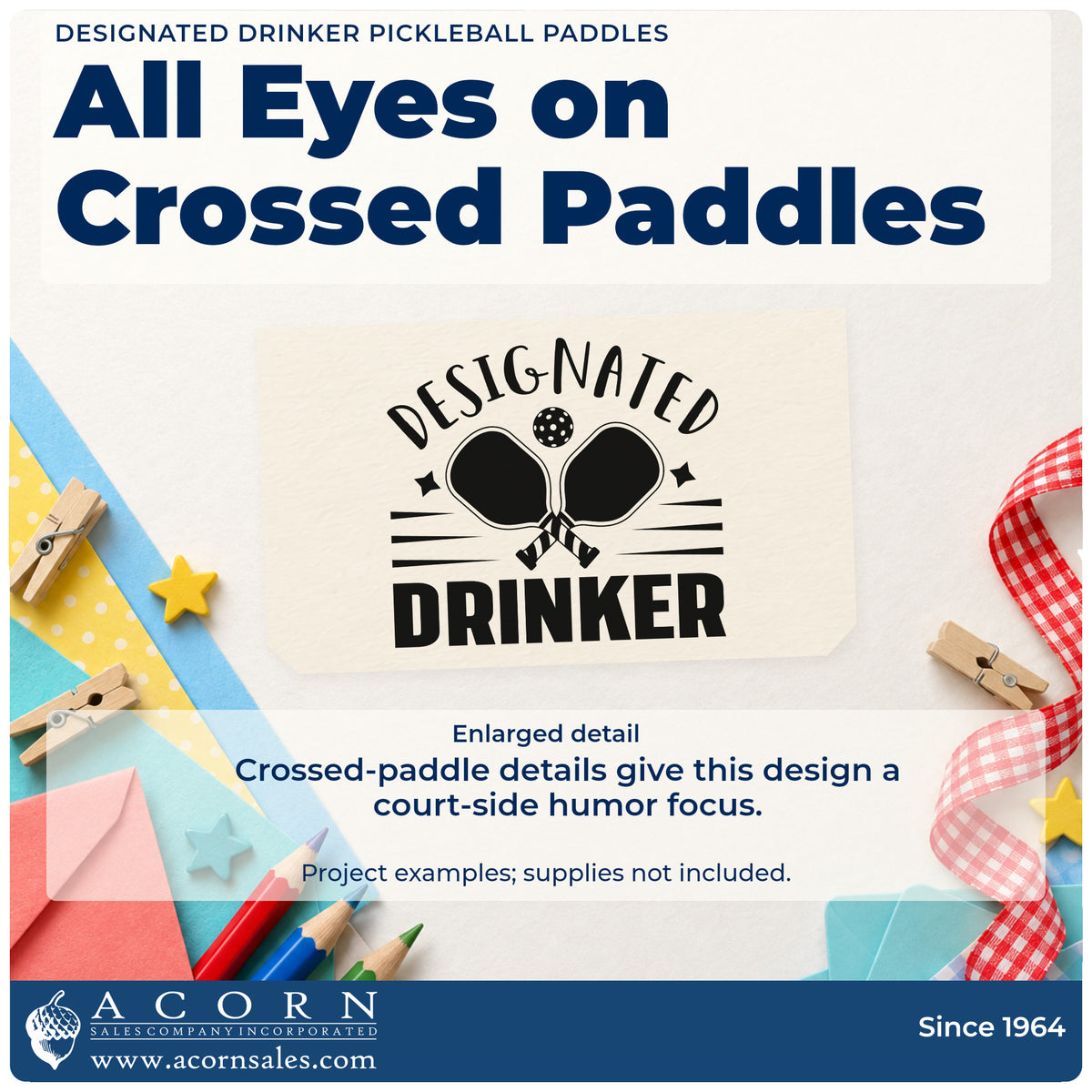Enlarged detail of the Designated Drinker Pickleball Paddles Self-Inking Stamp imprint. DESIGNATED DRINKER surrounds crossed paddles, a ball, stars, and horizontal rules.
