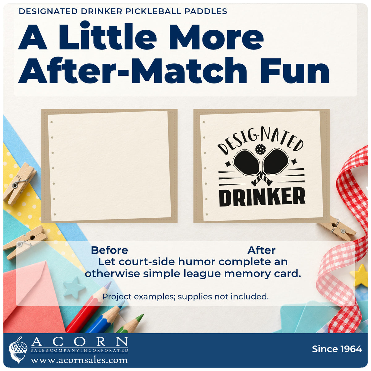 Before and after of a plain item finished with the Designated Drinker Pickleball Paddles Slim Pre-Inked Stamp, a quick upgrade for framed club bar.