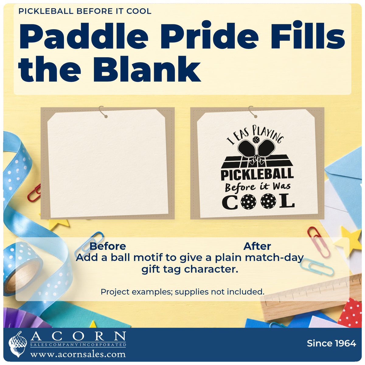 Before and after of a plain item finished with the Pickleball Before It Cool Self-Inking Stamp, a quick upgrade for framed club corridor.