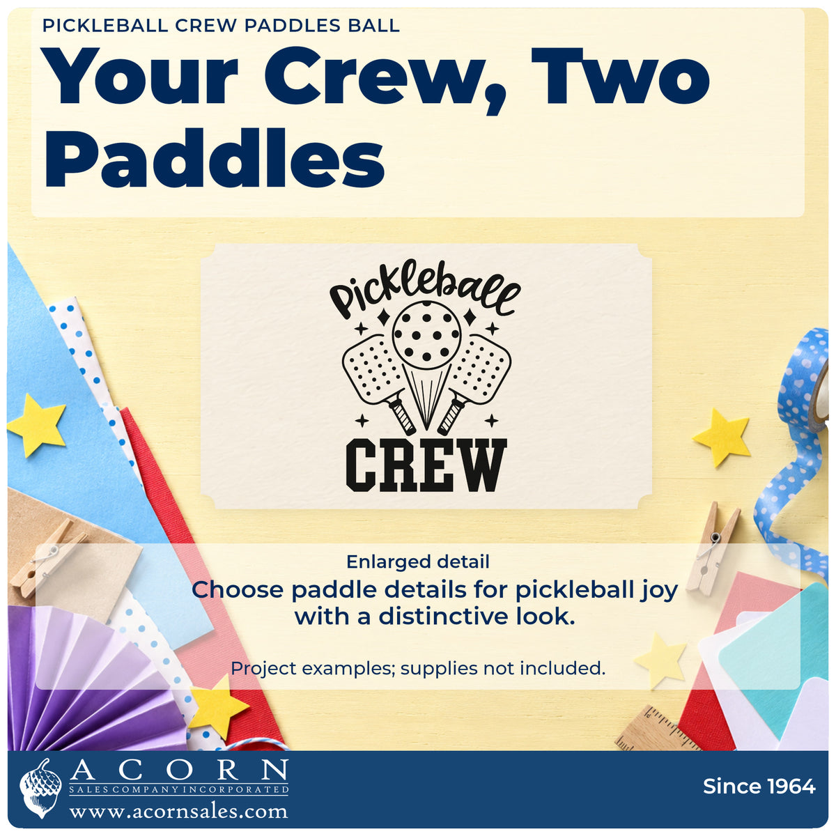 Enlarged detail of the Pickleball Crew Paddles Ball With Sparkles Rubber Stamp – Wood Handle imprint. Pickleball CREW surrounds two paddles, a large ball, and small sparkles.
