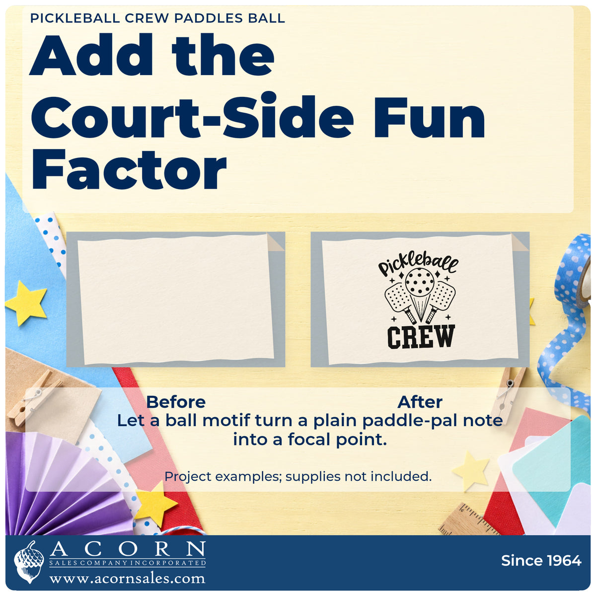 Before and after of a plain item finished with the Pickleball Crew Paddles Ball With Sparkles Hand Stamp – Duo, a quick upgrade for framed court bench.