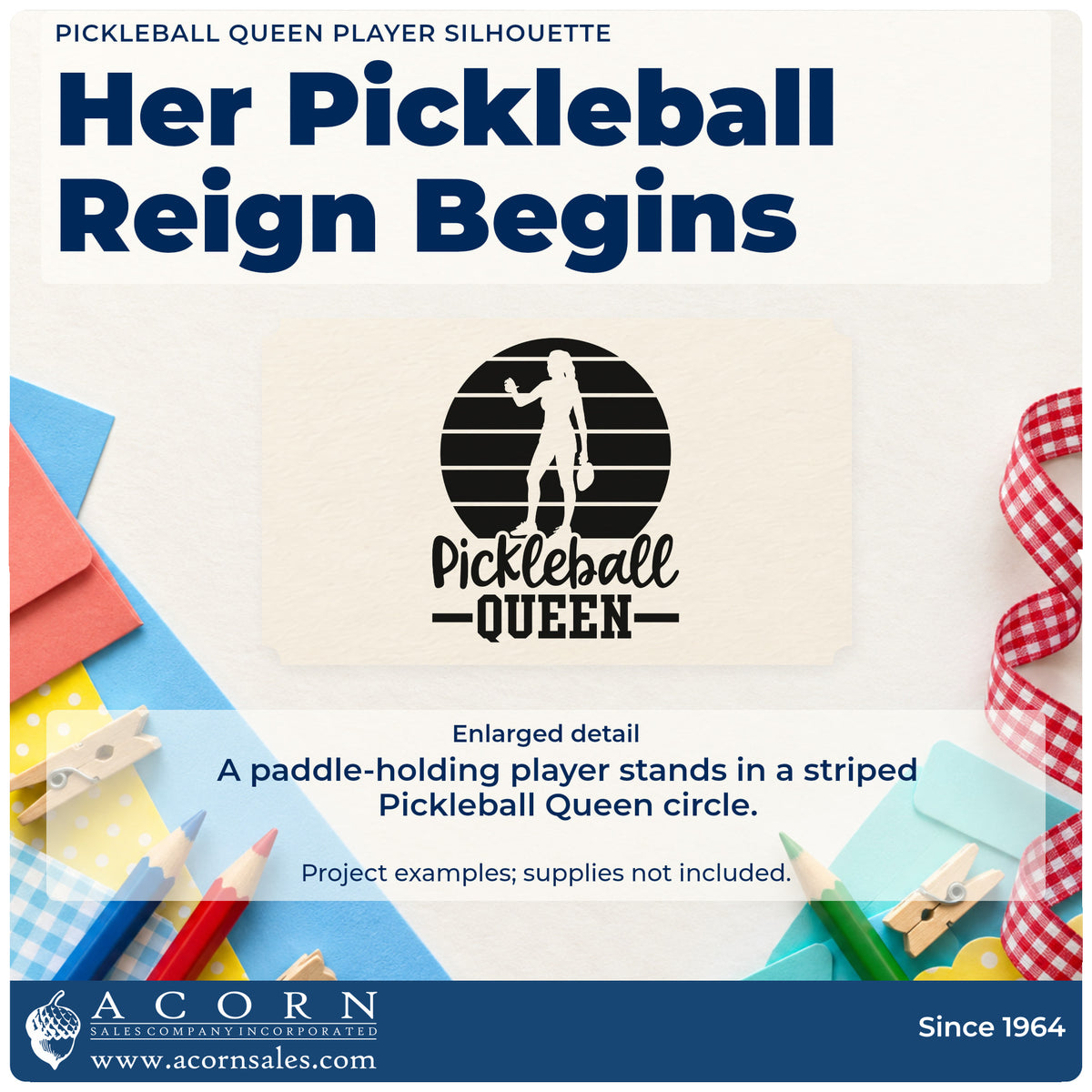 Enlarged detail of the Vintage Pro Pickleball Queen Player Silhouette Premium Wooden Stamp imprint. A woman holding a paddle stands in a striped circle above Pickleball QUEEN.