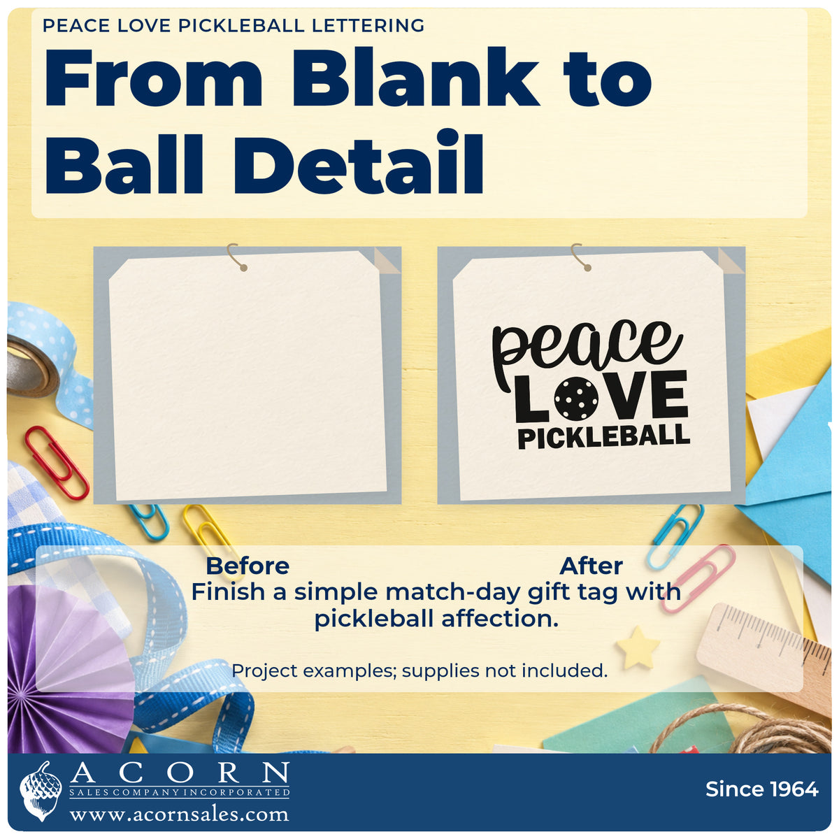 Before and after of a plain item finished with the Peace Love Pickleball Hand Stamp – Duo, a quick upgrade for framed entry tent.