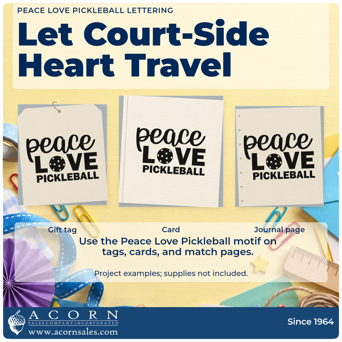 Three project examples made with the Peace Love Pickleball Rubber Stamp – Wood Handle, including entry track sheet.