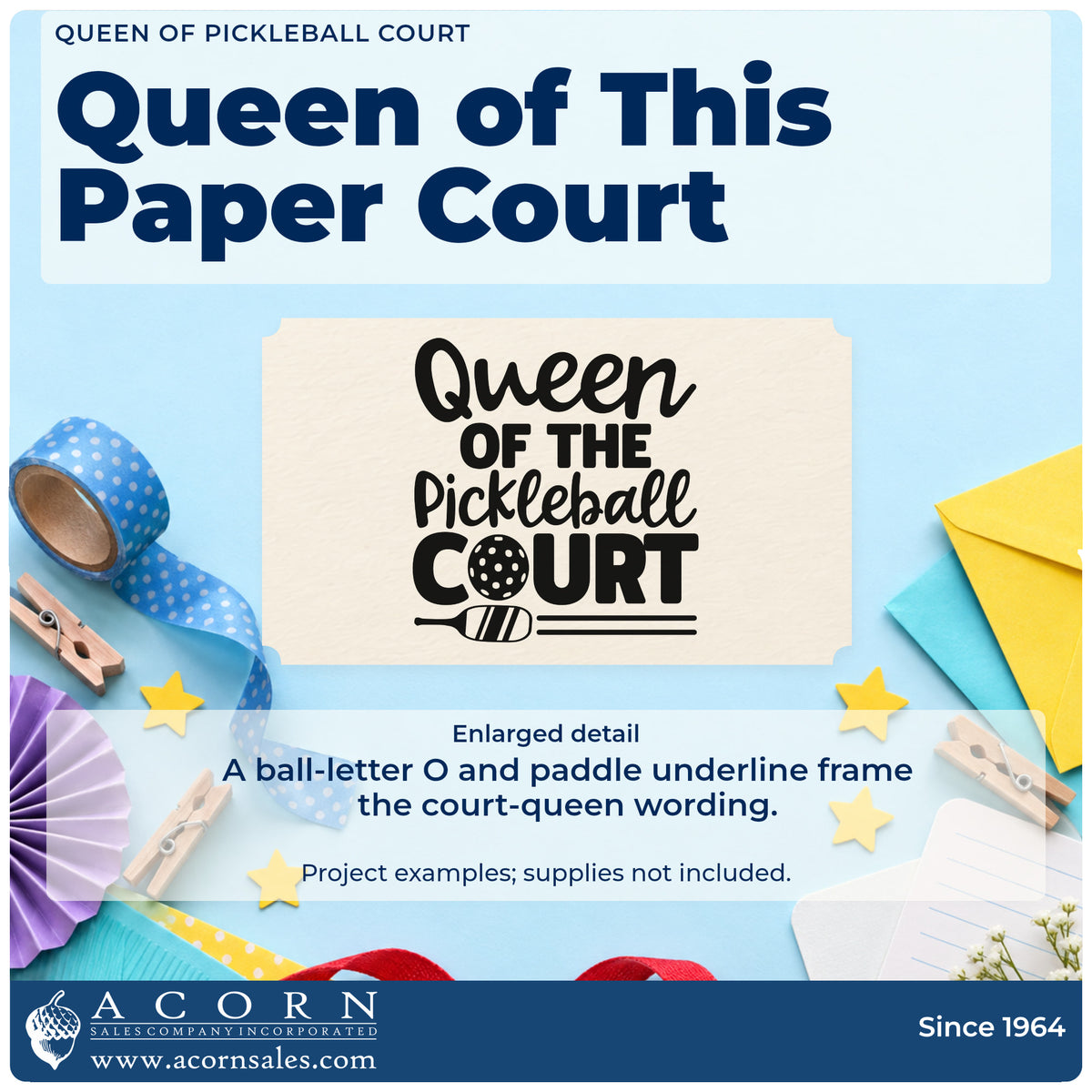 Enlarged detail of the Queen Of The Pickleball Court Premium Wooden Stamp – Vintage Pro imprint. Queen OF THE Pickleball COURT appears with a ball-letter O and a paddle underline.