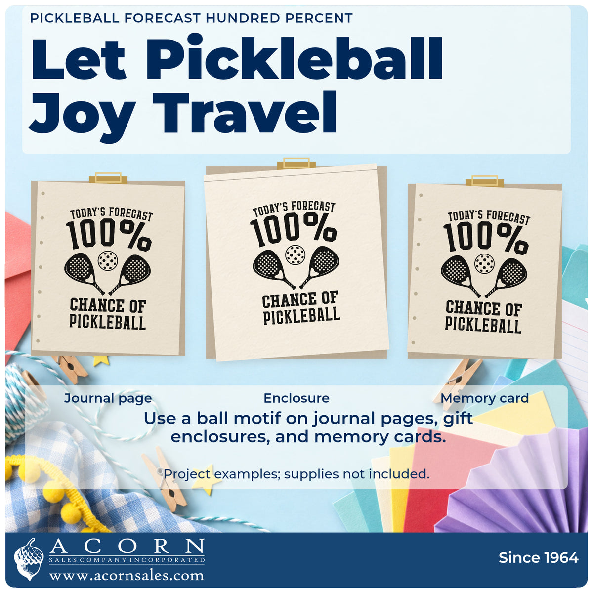 Three project examples made with the PSI Pre-Inked Pickleball Forecast With Angled Paddles Stamp, including weather call sheet.