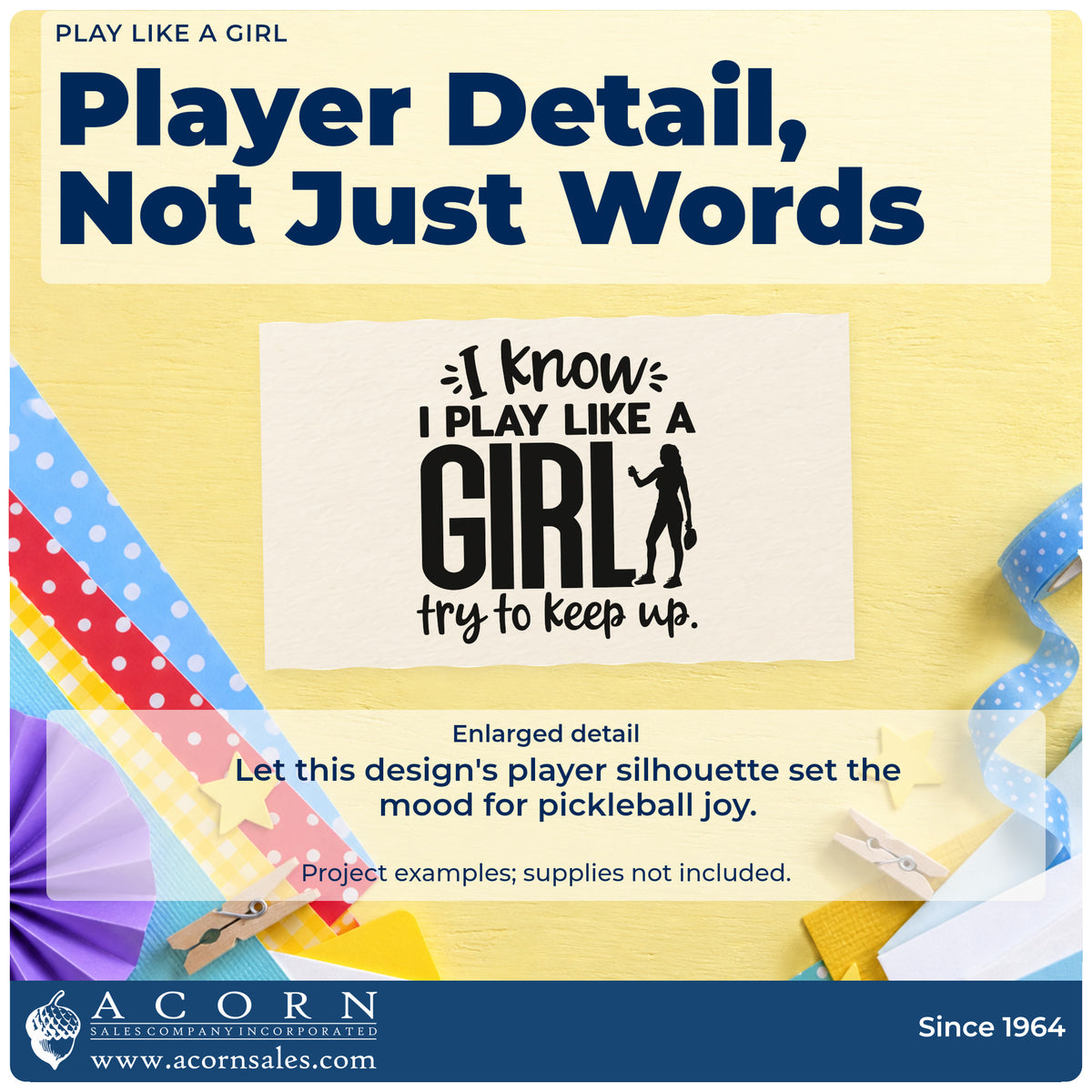 Enlarged detail of the I Know I Play Like A Girl Try To Keep Up Stamp – Premium Vintage Pro Wooden imprint. I know I PLAY LIKE A GIRL try to keep up appears beside a female player silhouette.