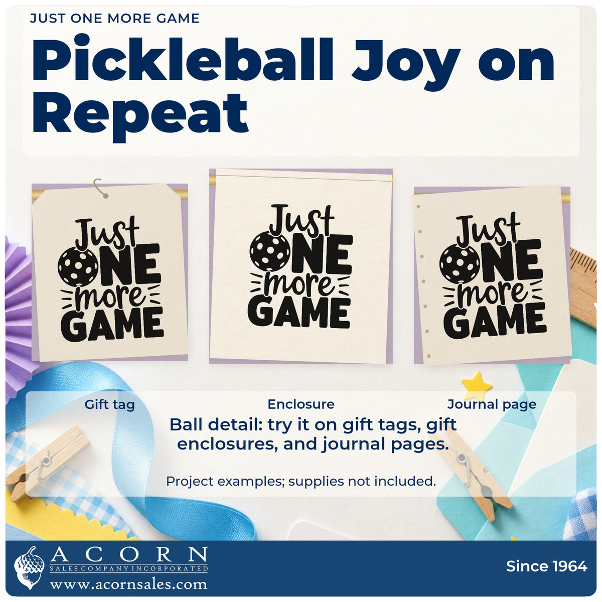 Three project examples made with the Just One More Game Pickleball Lettering Premium Wood-Mounted Stamp – Vintage Pro, including light slot sheet.