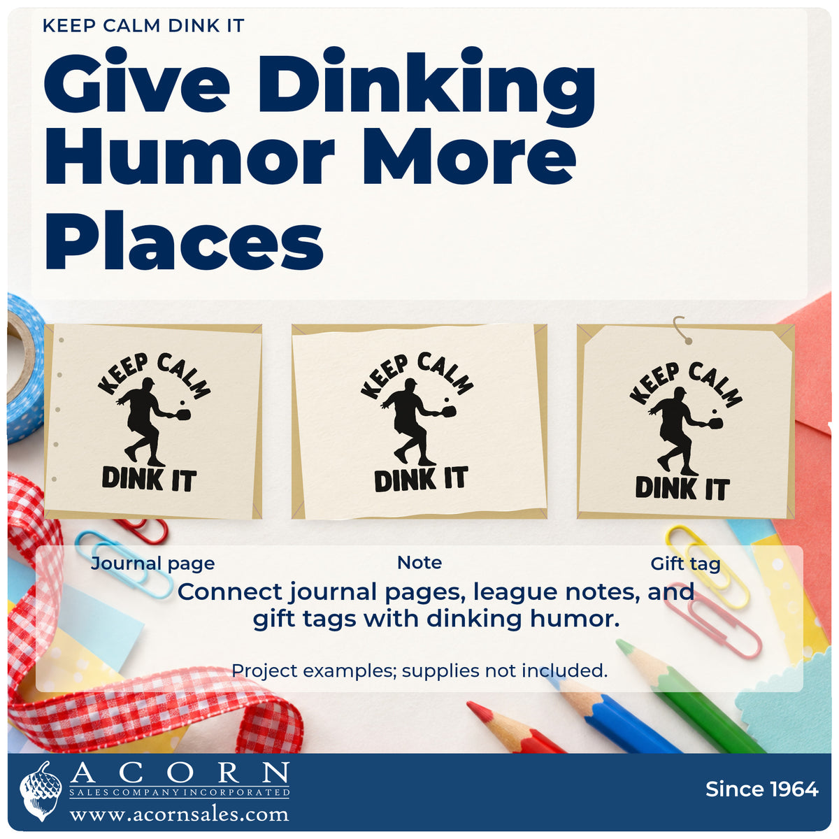 Three project examples made with the Keep Calm Dink It Paddle Duo Hand Stamp, including match time sheet.