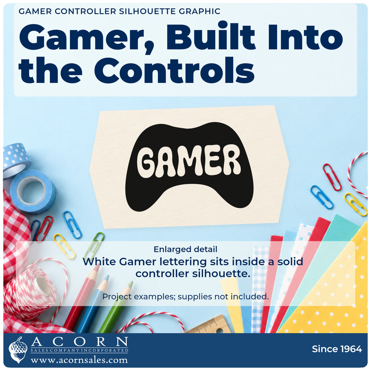 Enlarged detail of the Gamer Controller Silhouette Lettering Stamp – Premium Vintage Pro Wooden imprint. GAMER appears in negative-space letters inside a solid game controller silhouette.