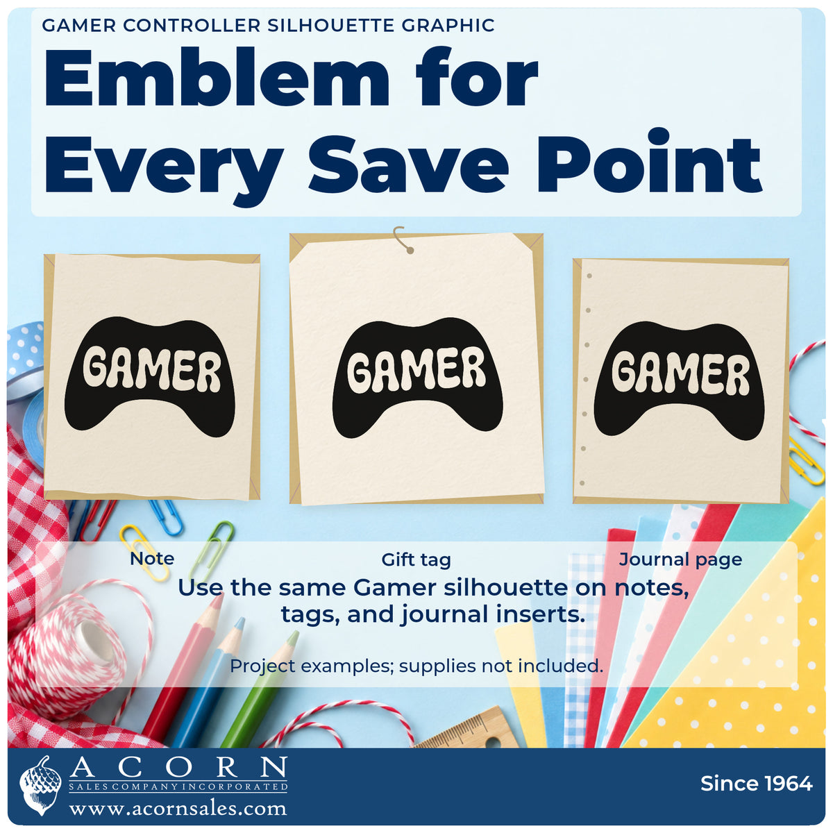 Three project examples made with the Gamer Controller Silhouette Lettering Hand Stamp – Duo, including build part sheet.