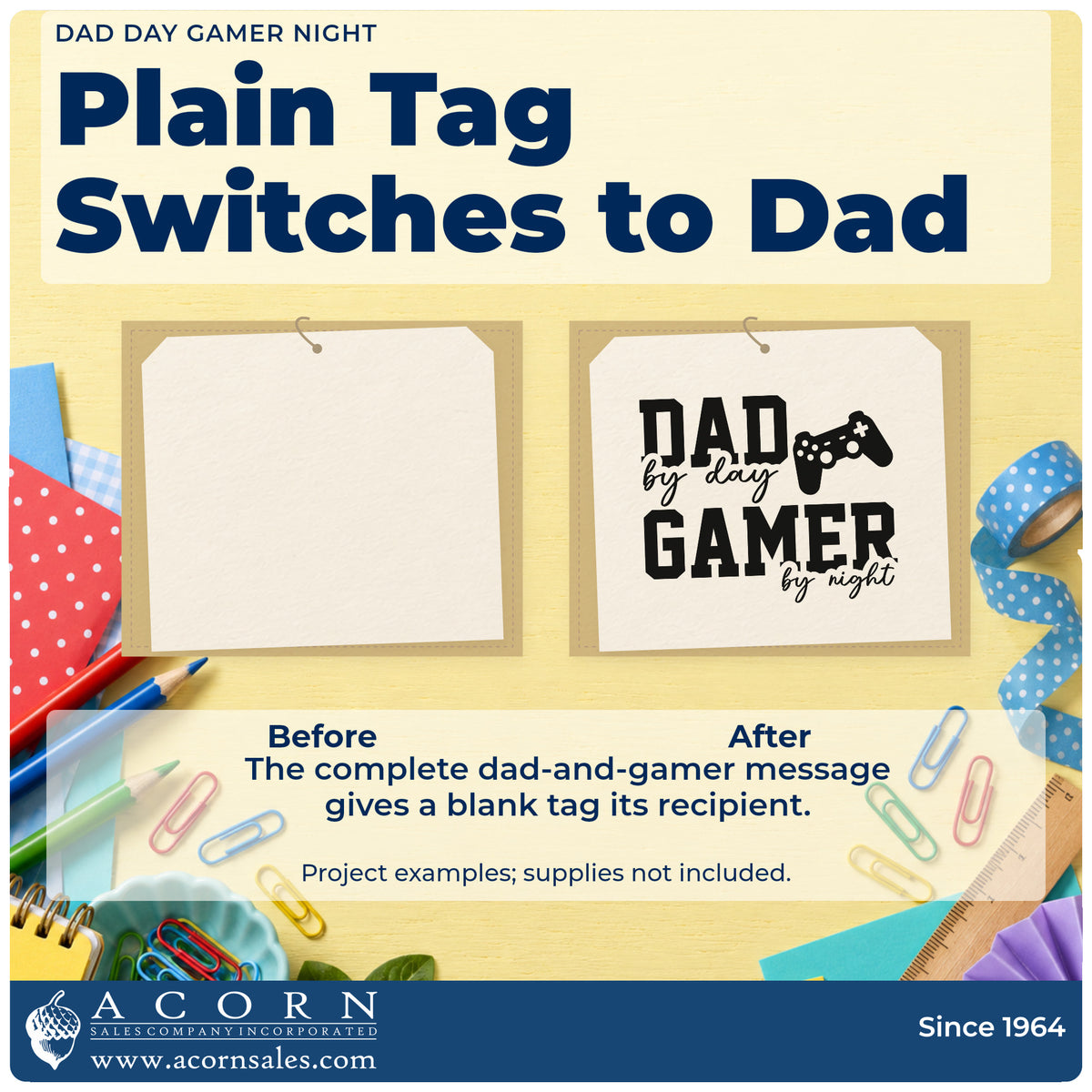 Before and after of a plain item finished with the Dad Day Gamer Night Stamp – Duo Hand, a quick upgrade for framed den shelf.