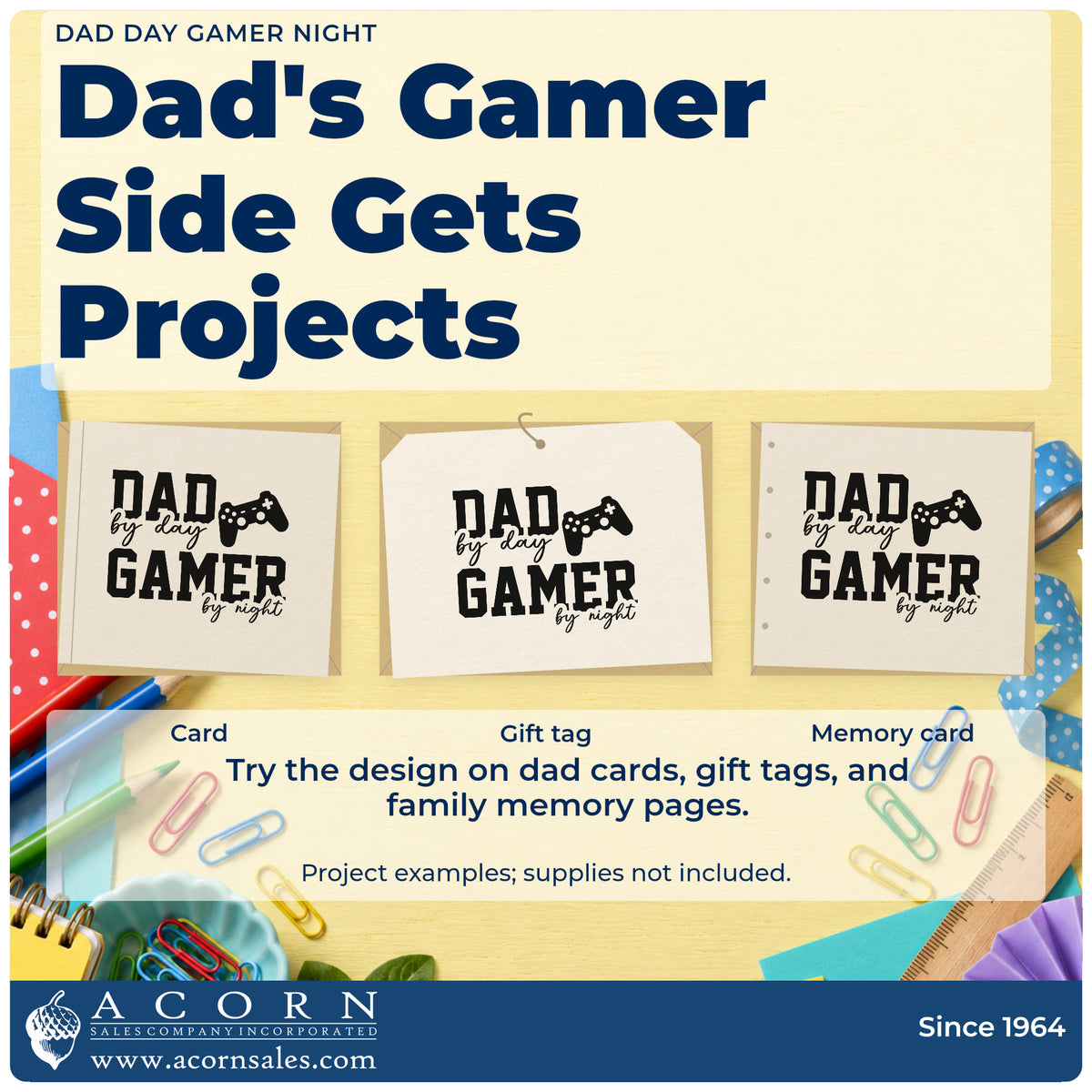 Three project examples made with the Dad Day Gamer Night Stamp – Duo Hand, including co op night sheet.