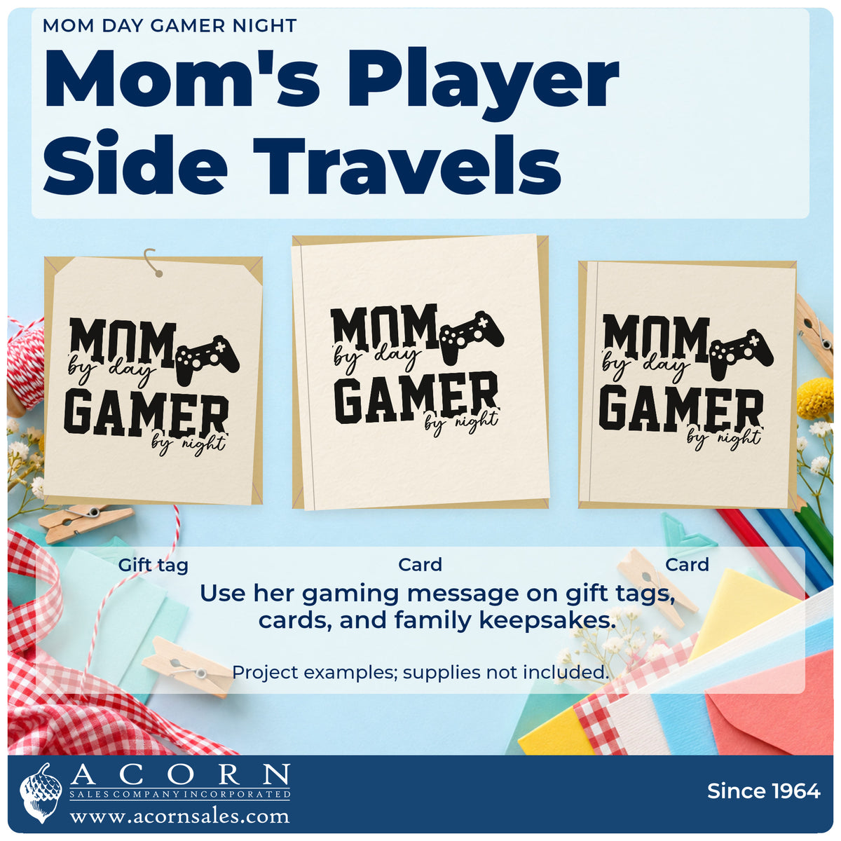 Three project examples made with the Mom By Day Gamer By Night Rubber Stamp – Duo Hand, including play plan sheet.