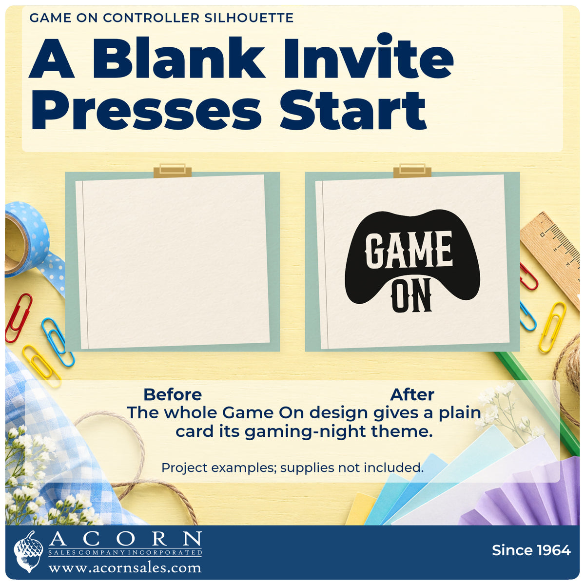 Before and after of a plain item finished with the Game On Controller Silhouette Rubber Stamp – Wood Handle, a quick upgrade for framed club lab.
