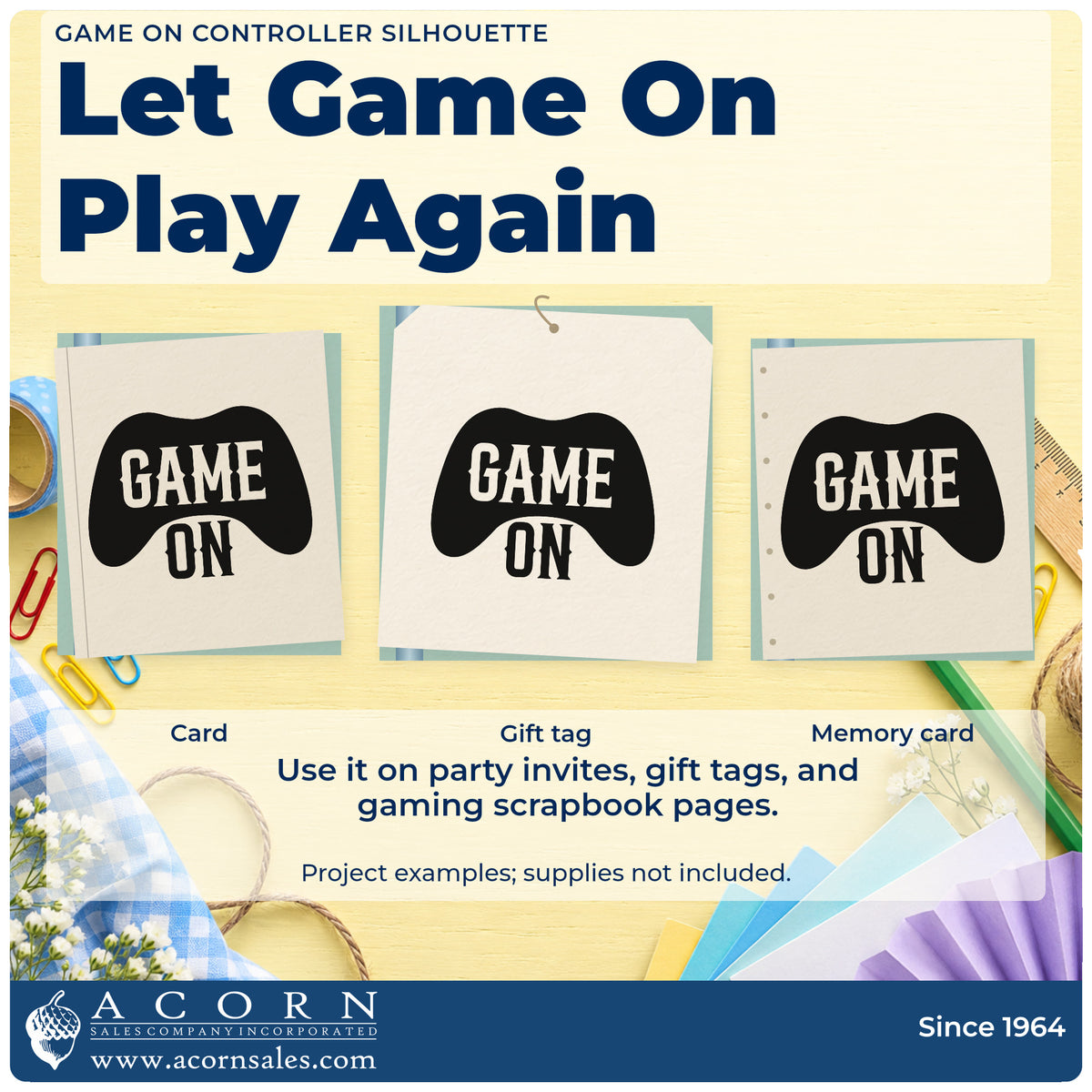 Three project examples made with the Game On Controller Silhouette Slim Pre-Inked Stamp, including session plan sheet.