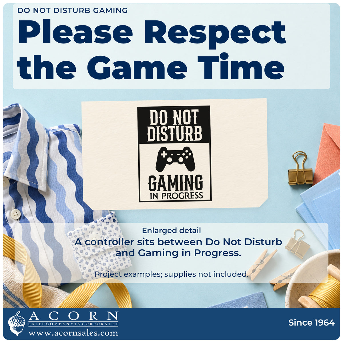 Enlarged detail of the Do Not Disturb Gaming Game Controller Stamp – Self-Inking imprint. DO NOT DISTURB appears above a controller and GAMING IN PROGRESS inside a rectangular sign.