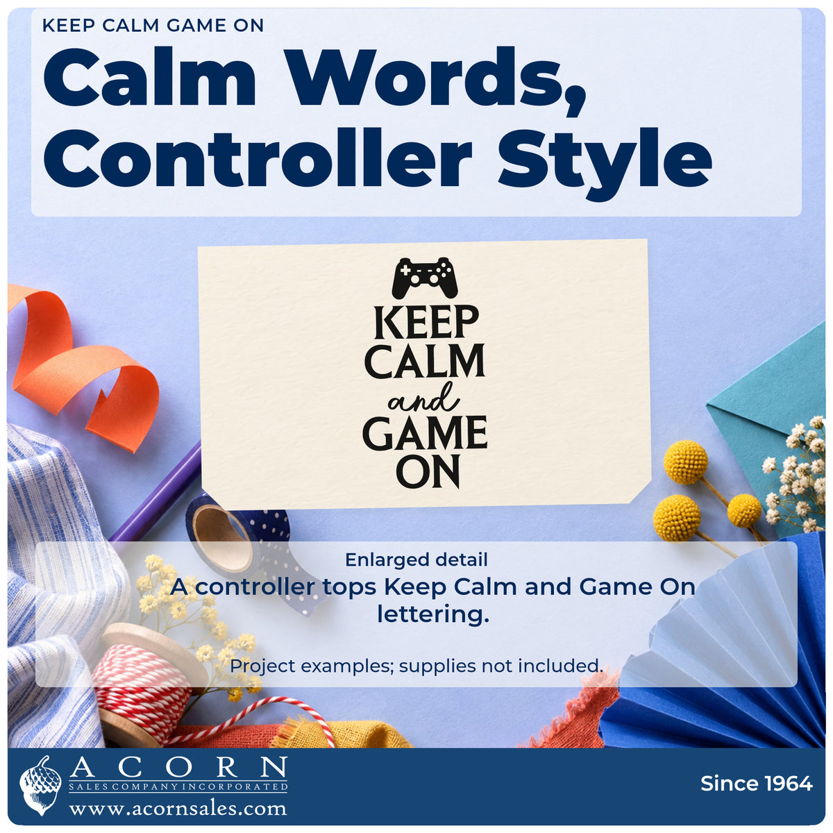 Enlarged detail of the Keep Calm Game On Self-Inking Stamp imprint. A small game controller sits above KEEP CALM and GAME ON.