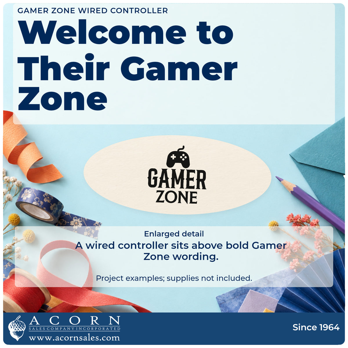 Enlarged detail of the Gamer Zone Wired Controller Duo Hand Stamp imprint. A wired game controller sits above GAMER ZONE.