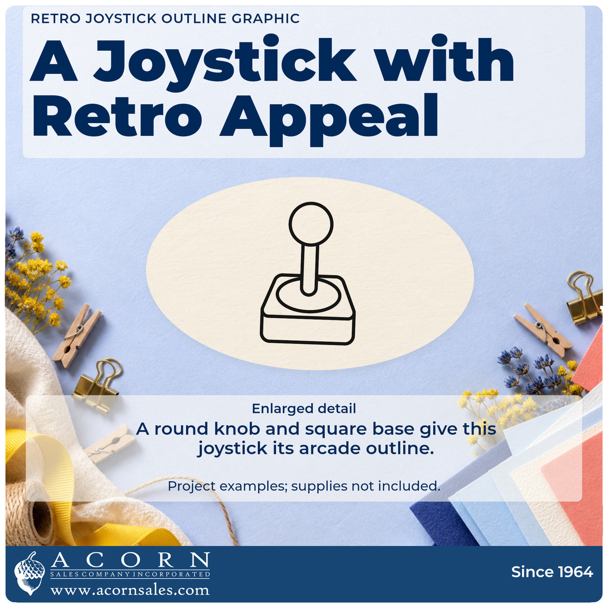 Enlarged detail of the Slim Pre-Inked Retro Joystick Outline Stamp imprint. A simple outlined joystick has a round knob, upright shaft, and square base.