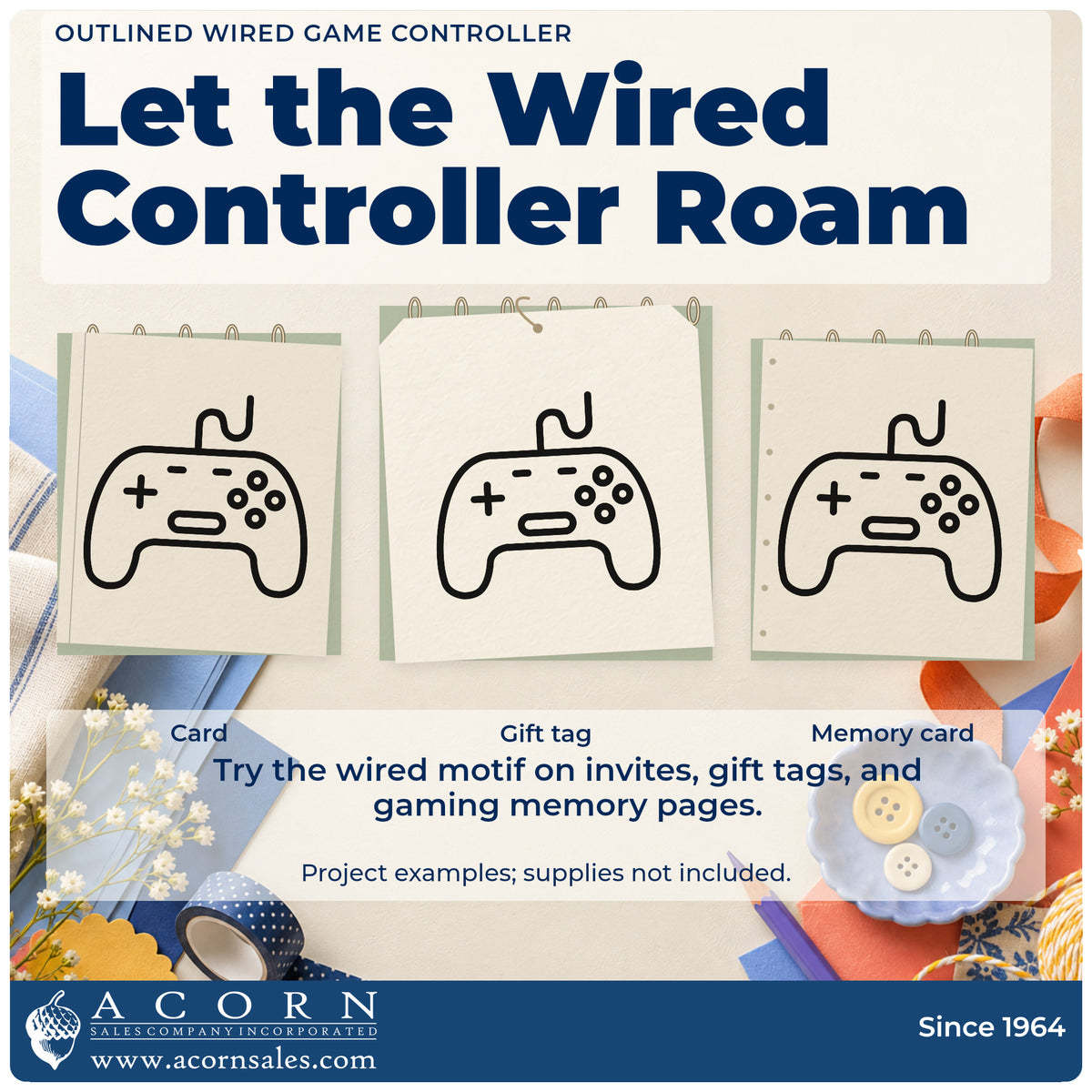 Three project examples made with the Wired Retro Controller Line Art Pre-Inked Stamp – PSI, including want list sheet.