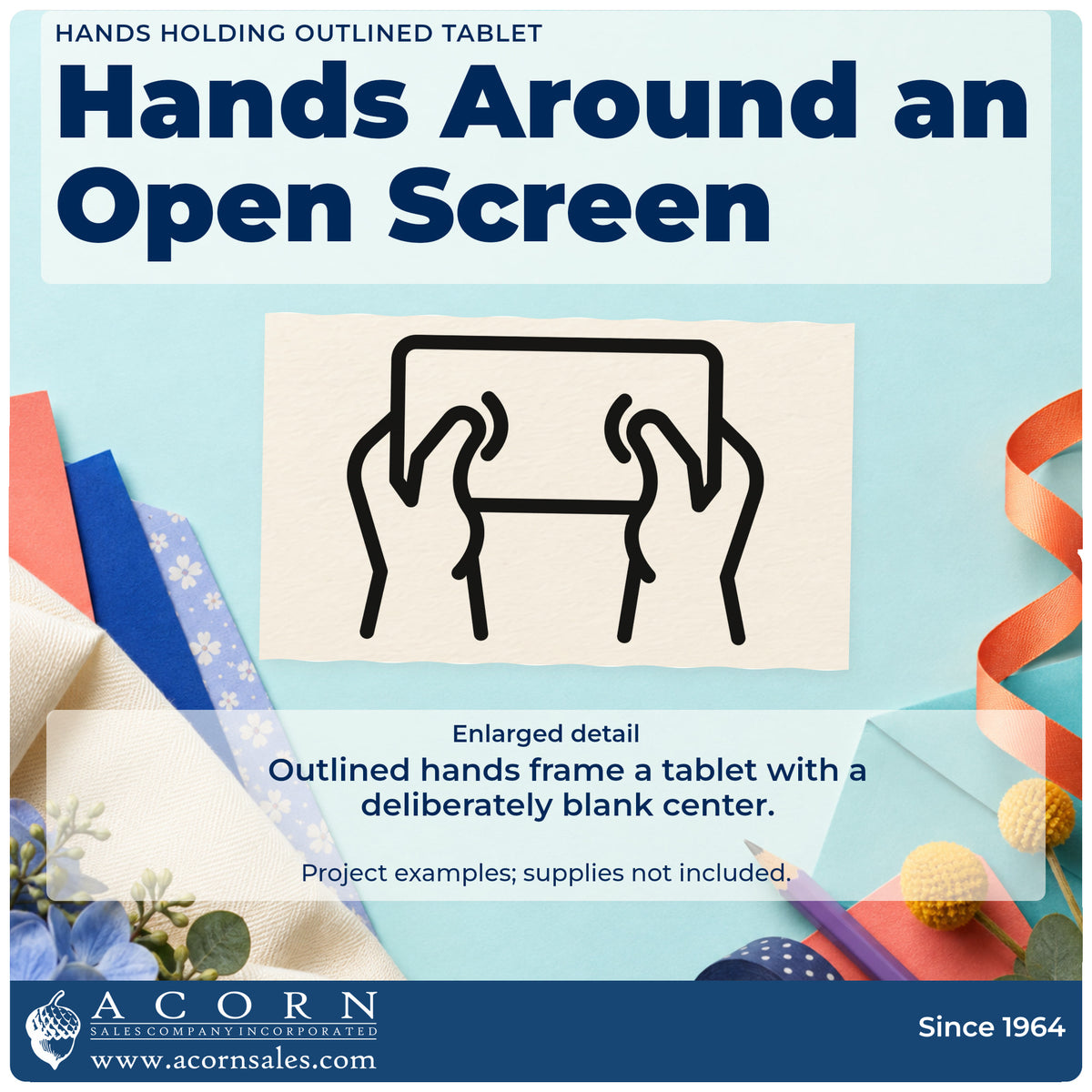 Enlarged detail of the PSI Pre-Inked Hands Holding A Tablet Frame Accent Stamp imprint. Two outlined hands grip a blank rectangular tablet horizontally.